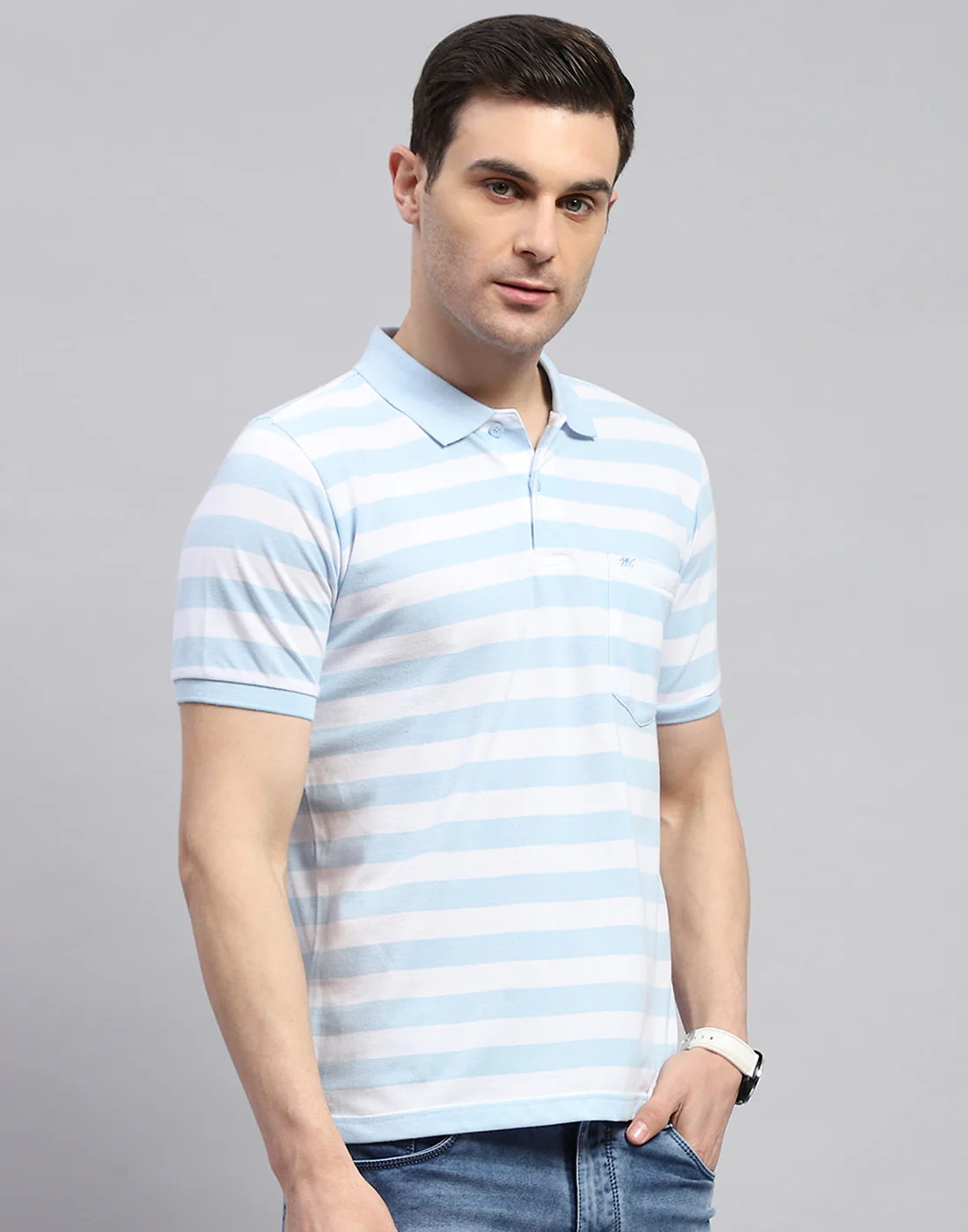 Men Blue Stripe Polo Collar Half Sleeve T-Shirt - Image 4