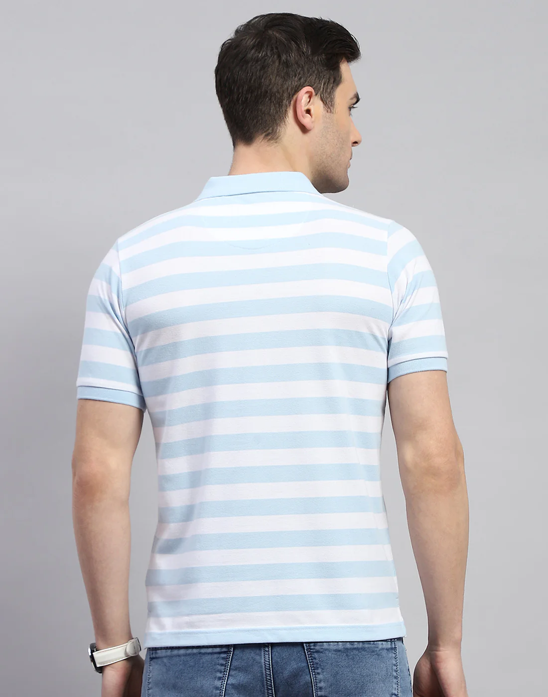 Men Blue Stripe Polo Collar Half Sleeve T-Shirt - Image 5