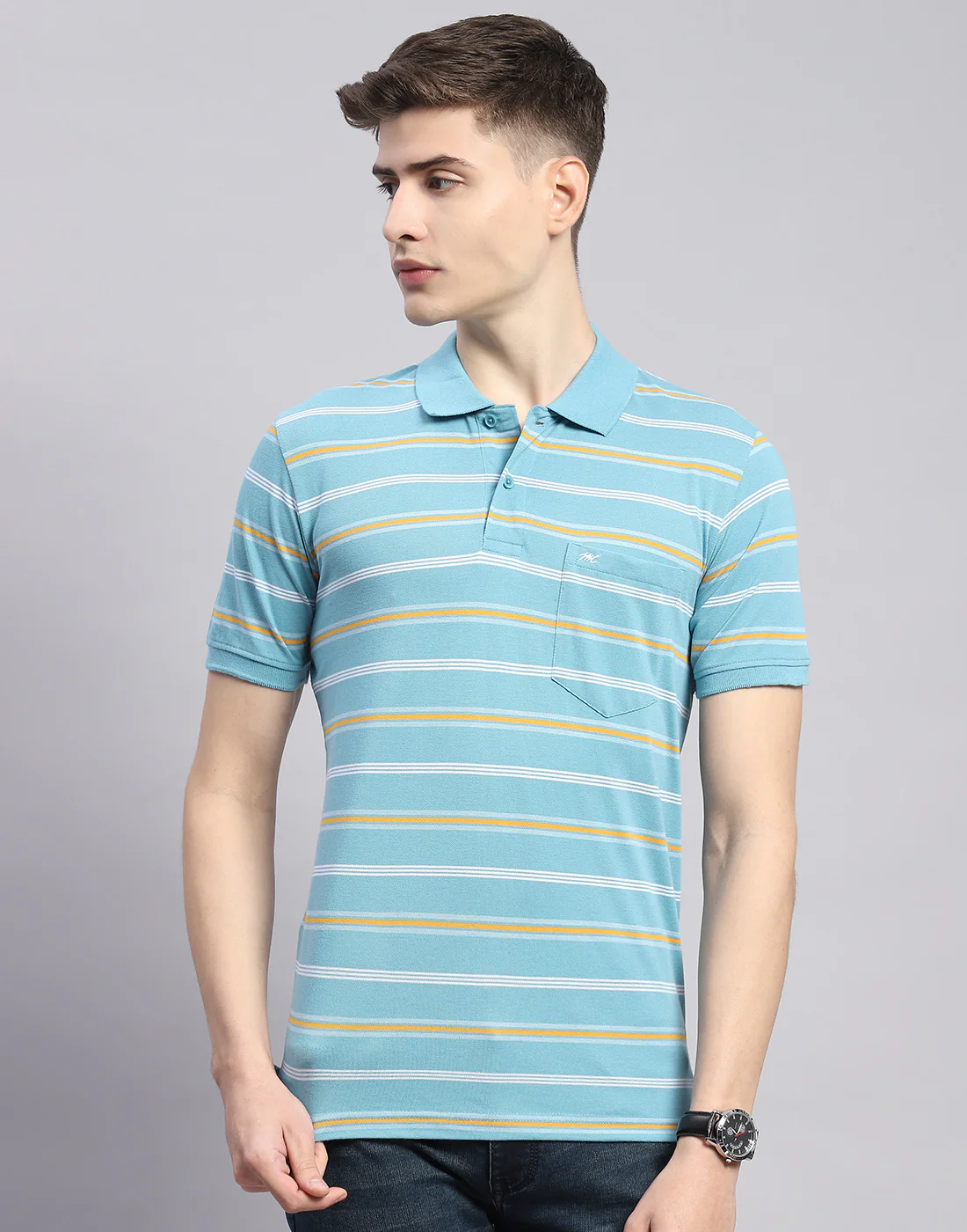 Men Blue Stripe Polo Collar Half Sleeve T-Shirt - Image 2