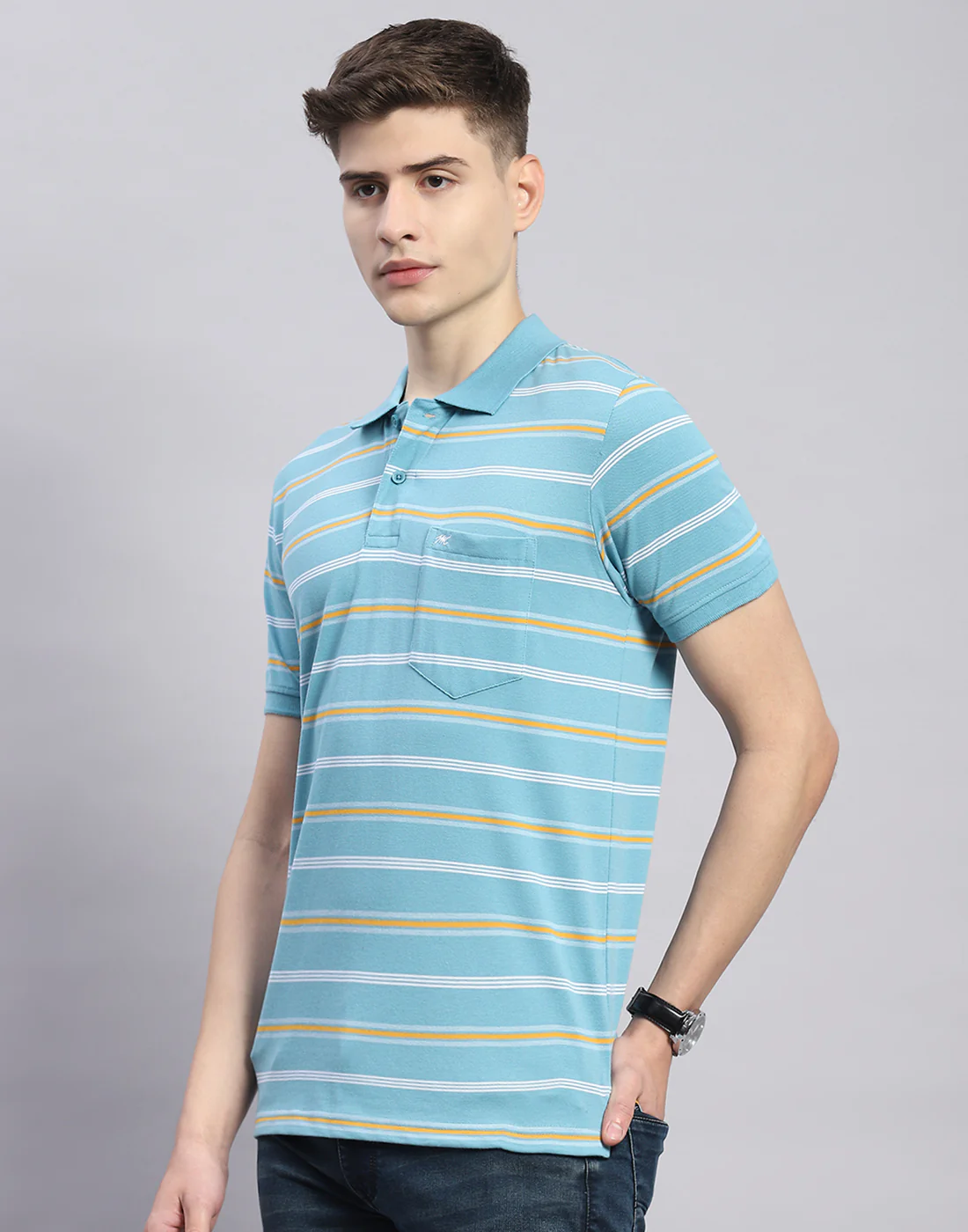 Men Blue Stripe Polo Collar Half Sleeve T-Shirt - Image 3