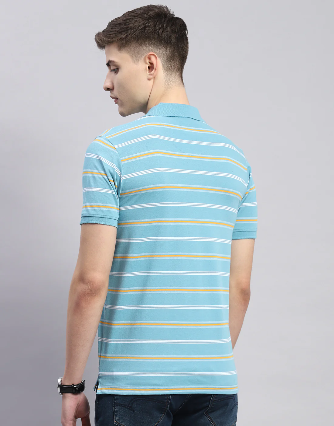 Men Blue Stripe Polo Collar Half Sleeve T-Shirt - Image 5