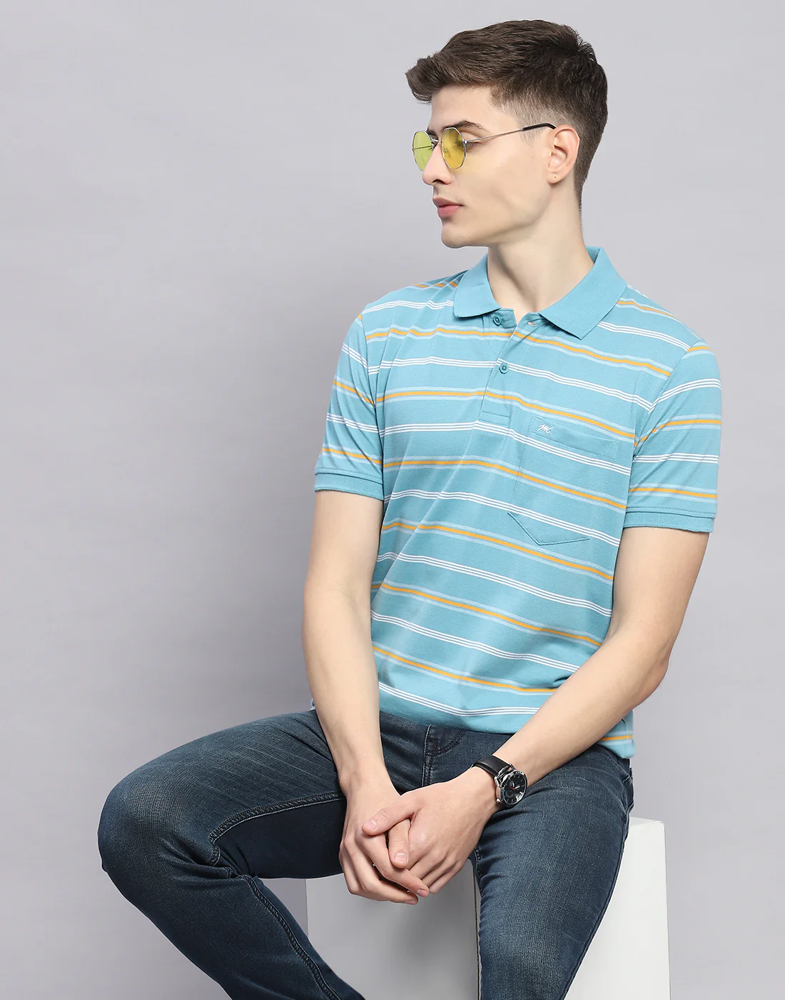 Men Blue Stripe Polo Collar Half Sleeve T-Shirt - Image 6