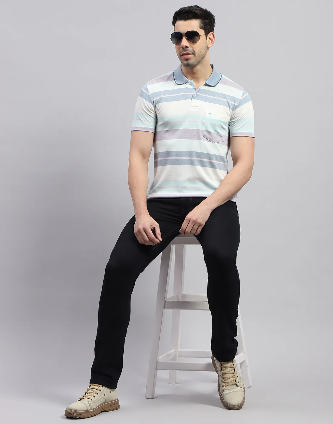 Men Blue Stripe Polo Collar Half Sleeve T-Shirt - Image 2