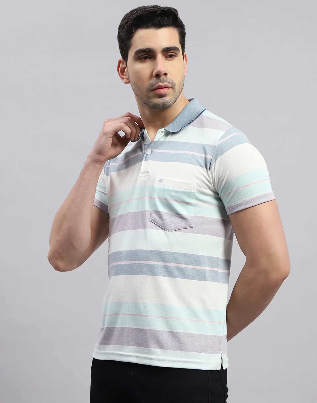 Men Blue Stripe Polo Collar Half Sleeve T-Shirt - Image 3