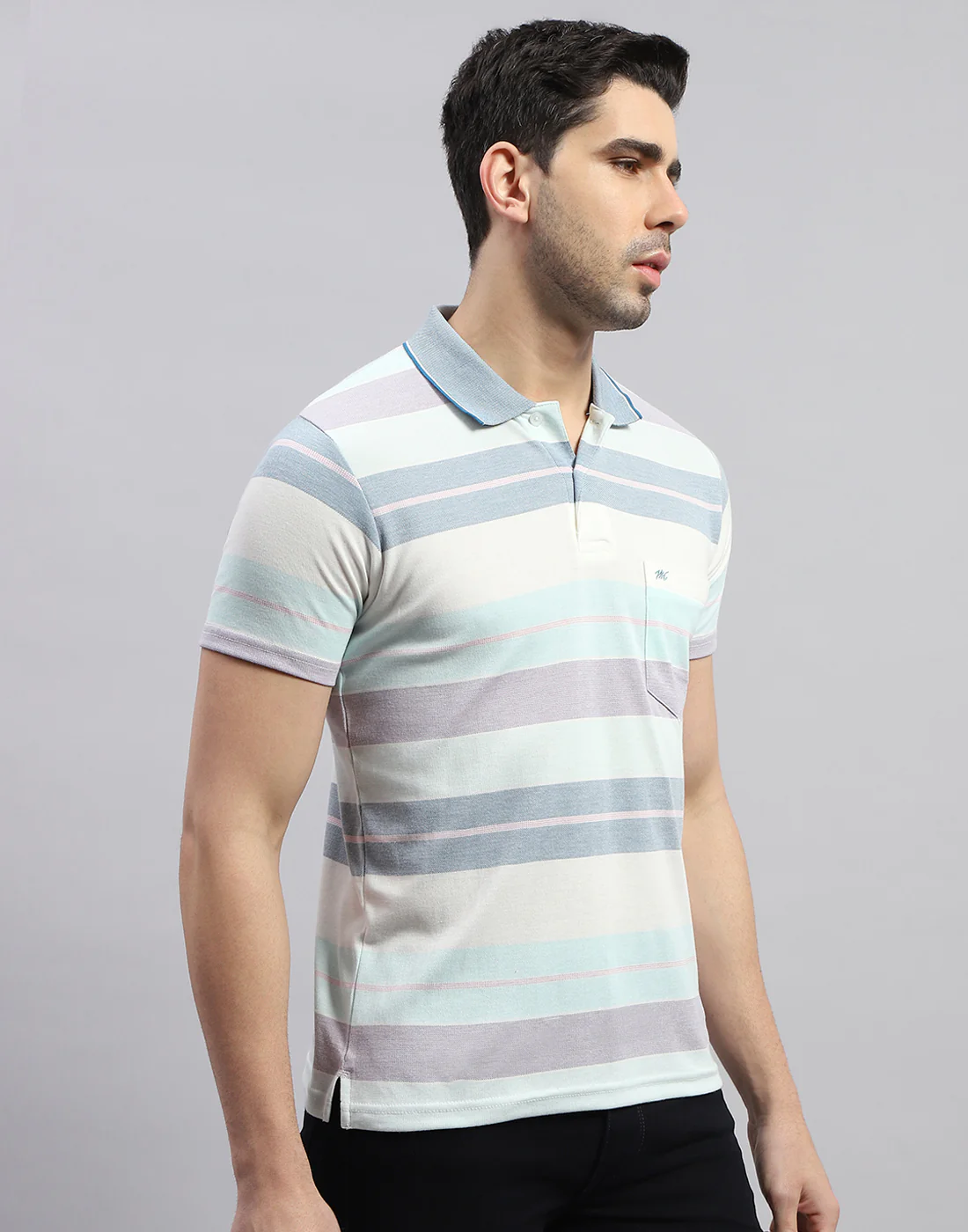 Men Blue Stripe Polo Collar Half Sleeve T-Shirt - Image 4