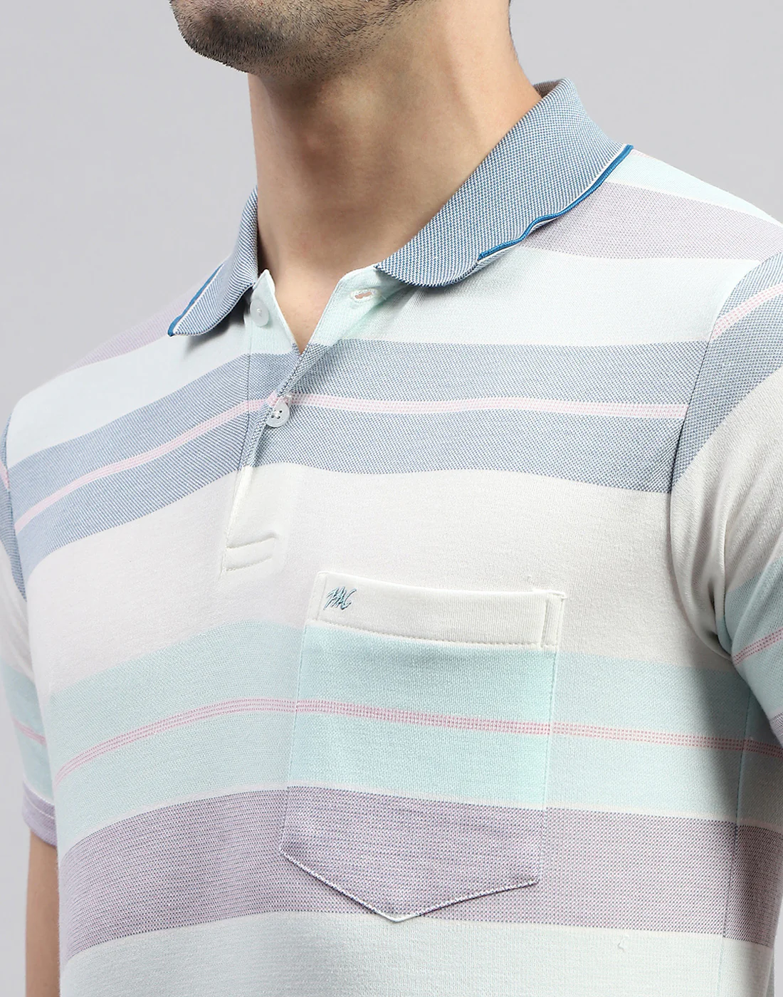 Men Blue Stripe Polo Collar Half Sleeve T-Shirt - Image 6