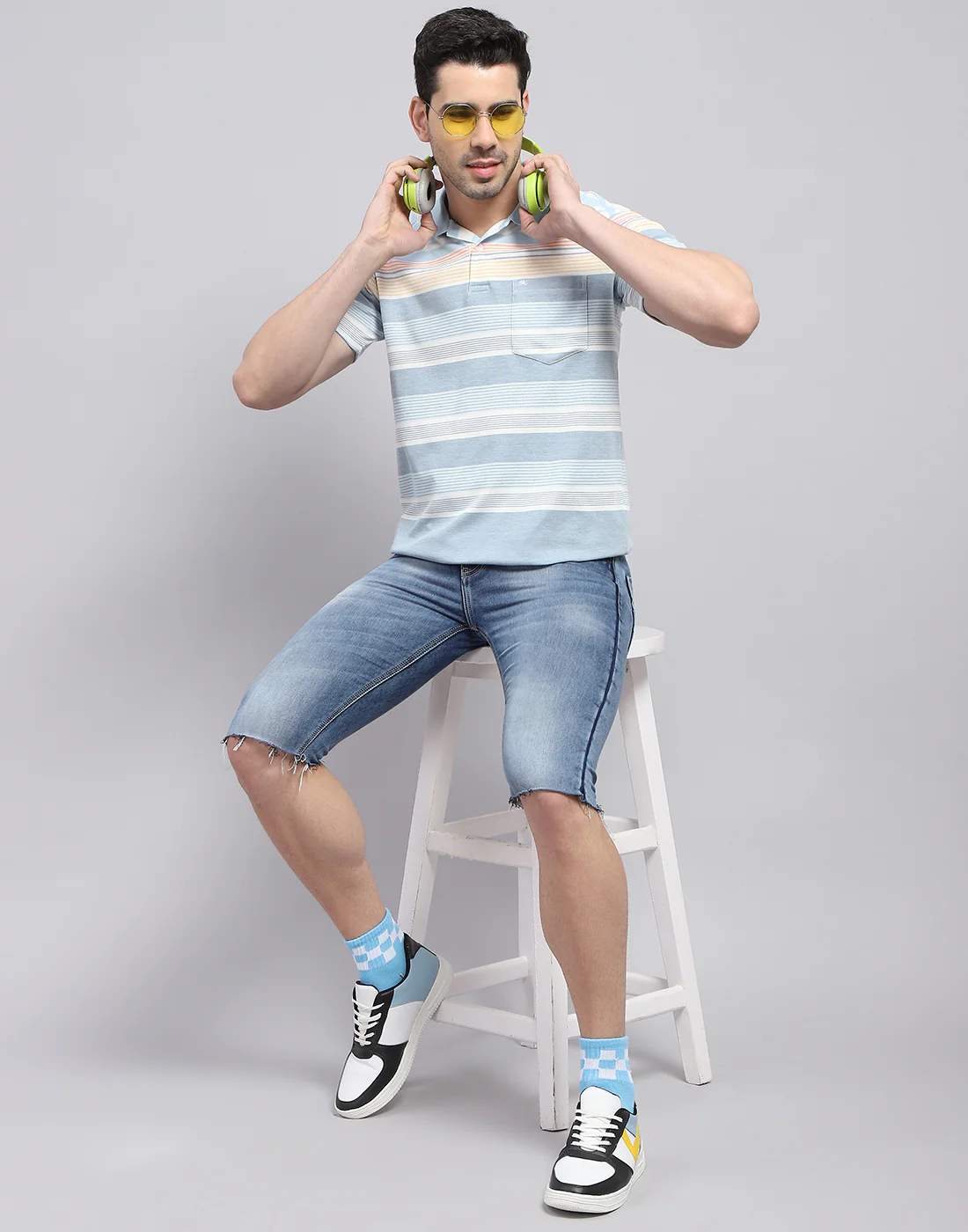 Men Blue Stripe Polo Collar Half Sleeve T-Shirt - Image 2