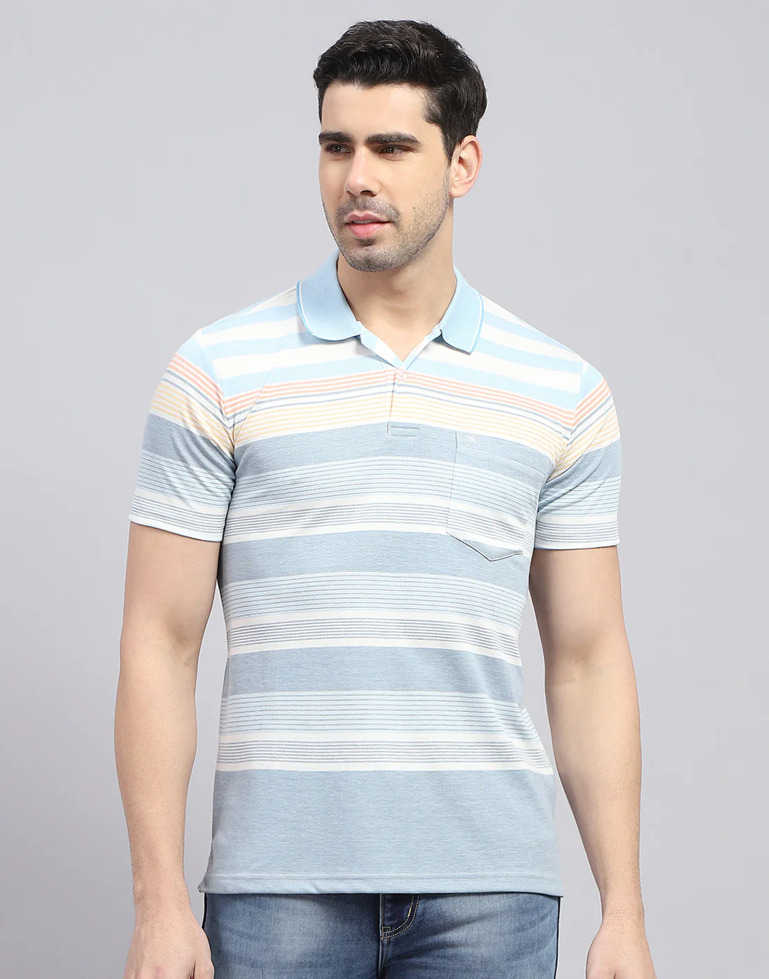 Men Blue Stripe Polo Collar Half Sleeve T-Shirt - Image 3