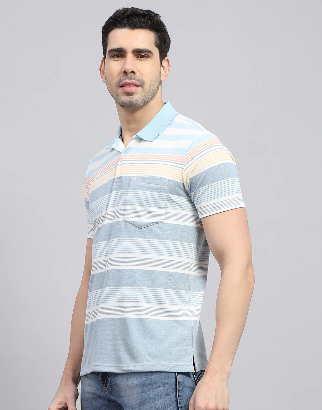 Men Blue Stripe Polo Collar Half Sleeve T-Shirt - Image 4