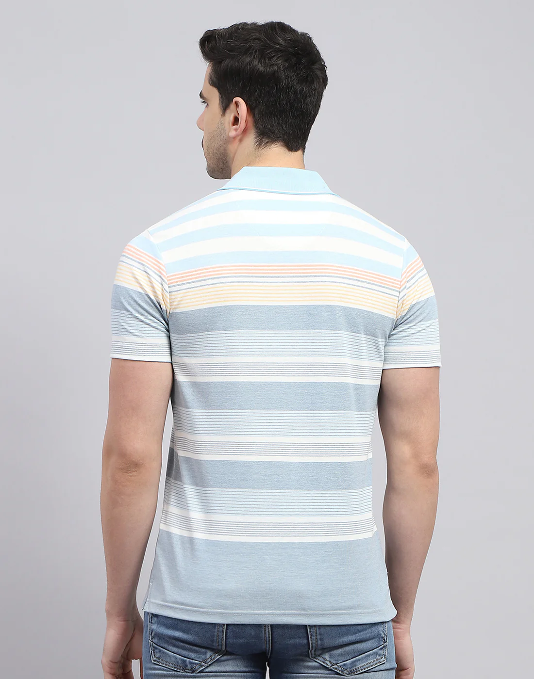 Men Blue Stripe Polo Collar Half Sleeve T-Shirt - Image 6