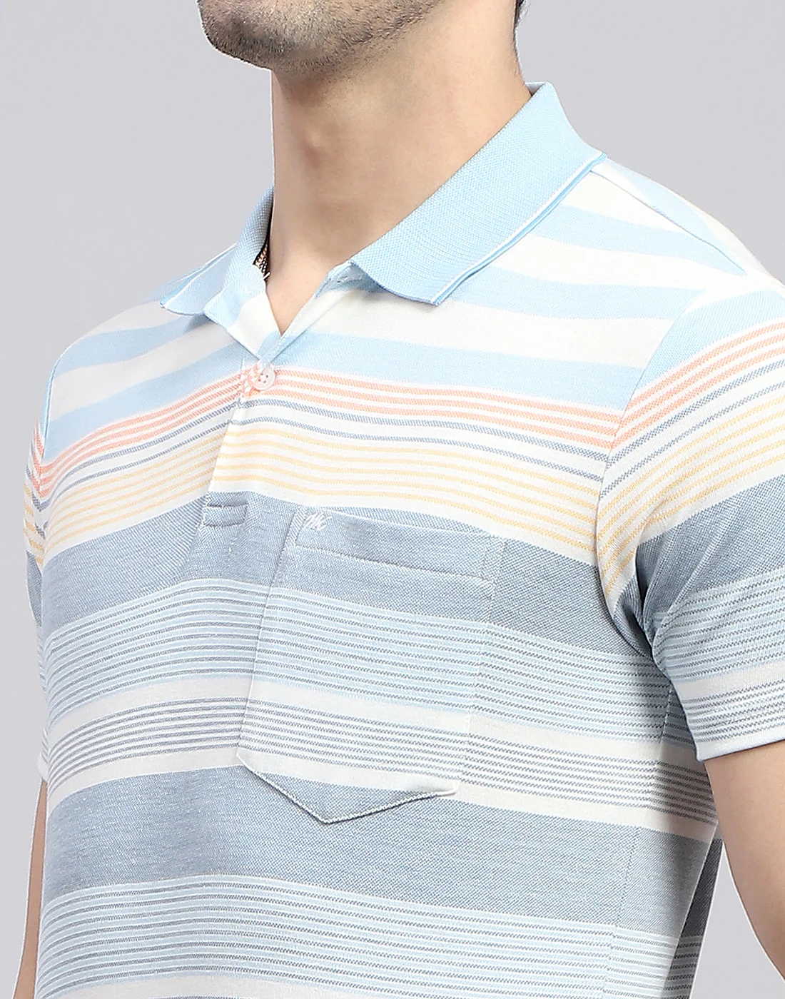 Men Blue Stripe Polo Collar Half Sleeve T-Shirt - Image 7