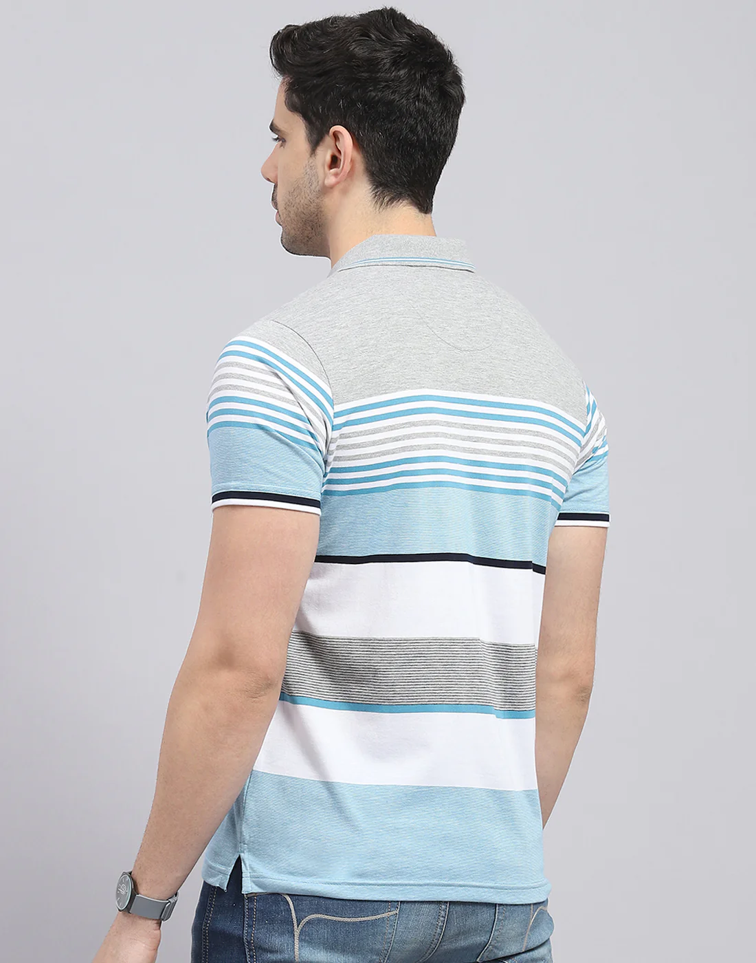 Men Blue Stripe Polo Collar Half Sleeve T-Shirt - Image 5