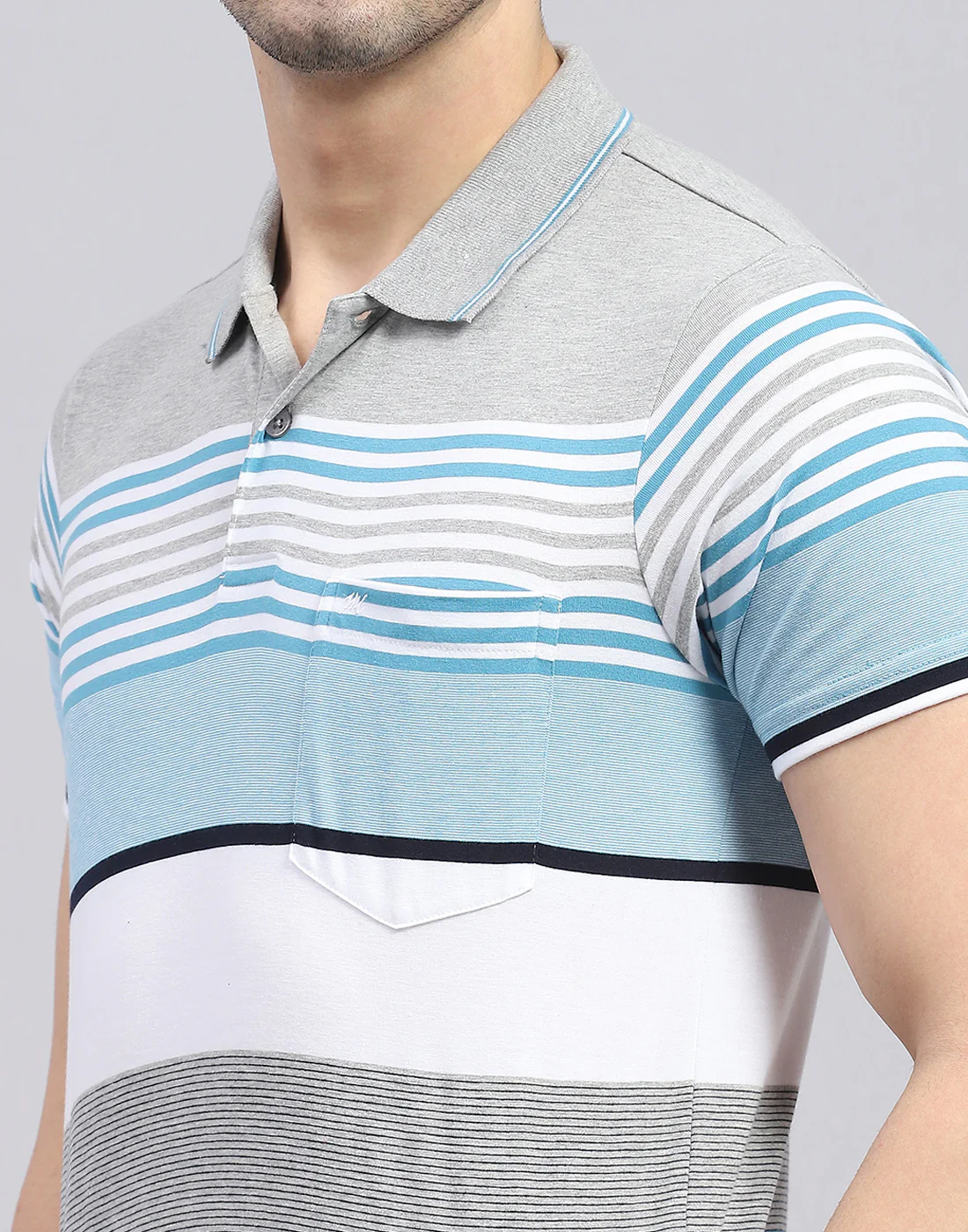 Men Blue Stripe Polo Collar Half Sleeve T-Shirt - Image 6