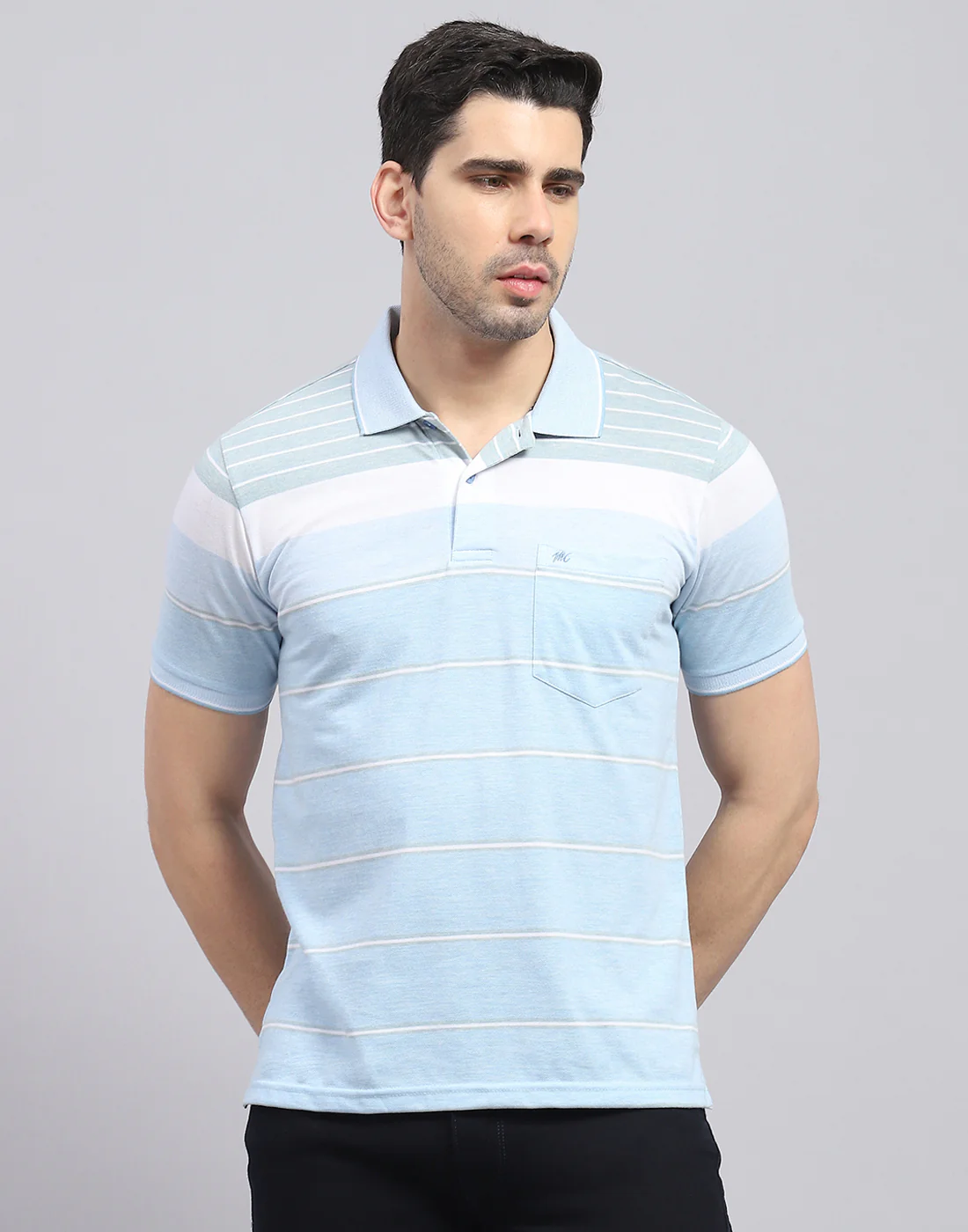 Men Blue Stripe Polo Collar Half Sleeve T-Shirt - Image 3