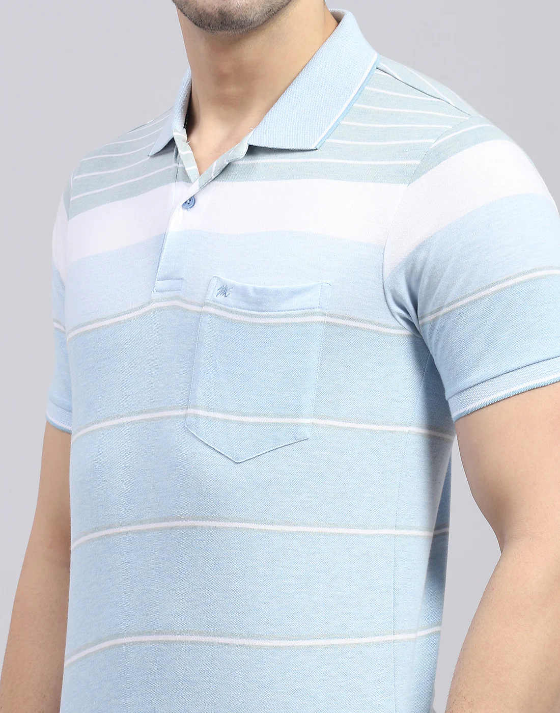 Men Blue Stripe Polo Collar Half Sleeve T-Shirt - Image 7
