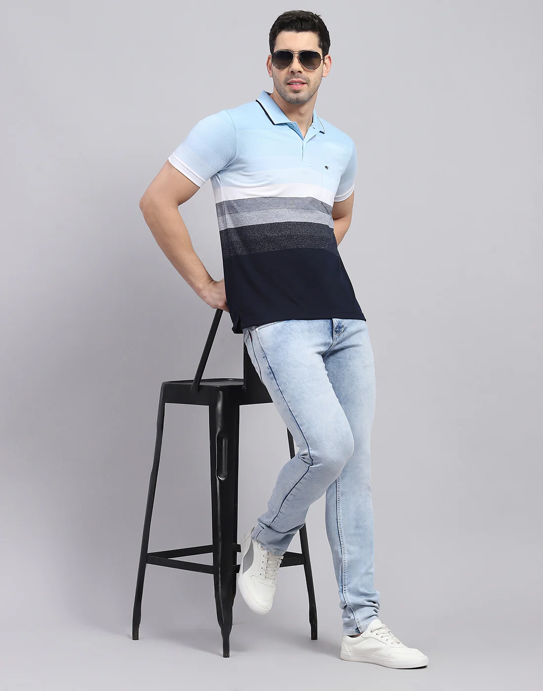 Men Blue Stripe Polo Collar Half Sleeve T-Shirt - Image 2