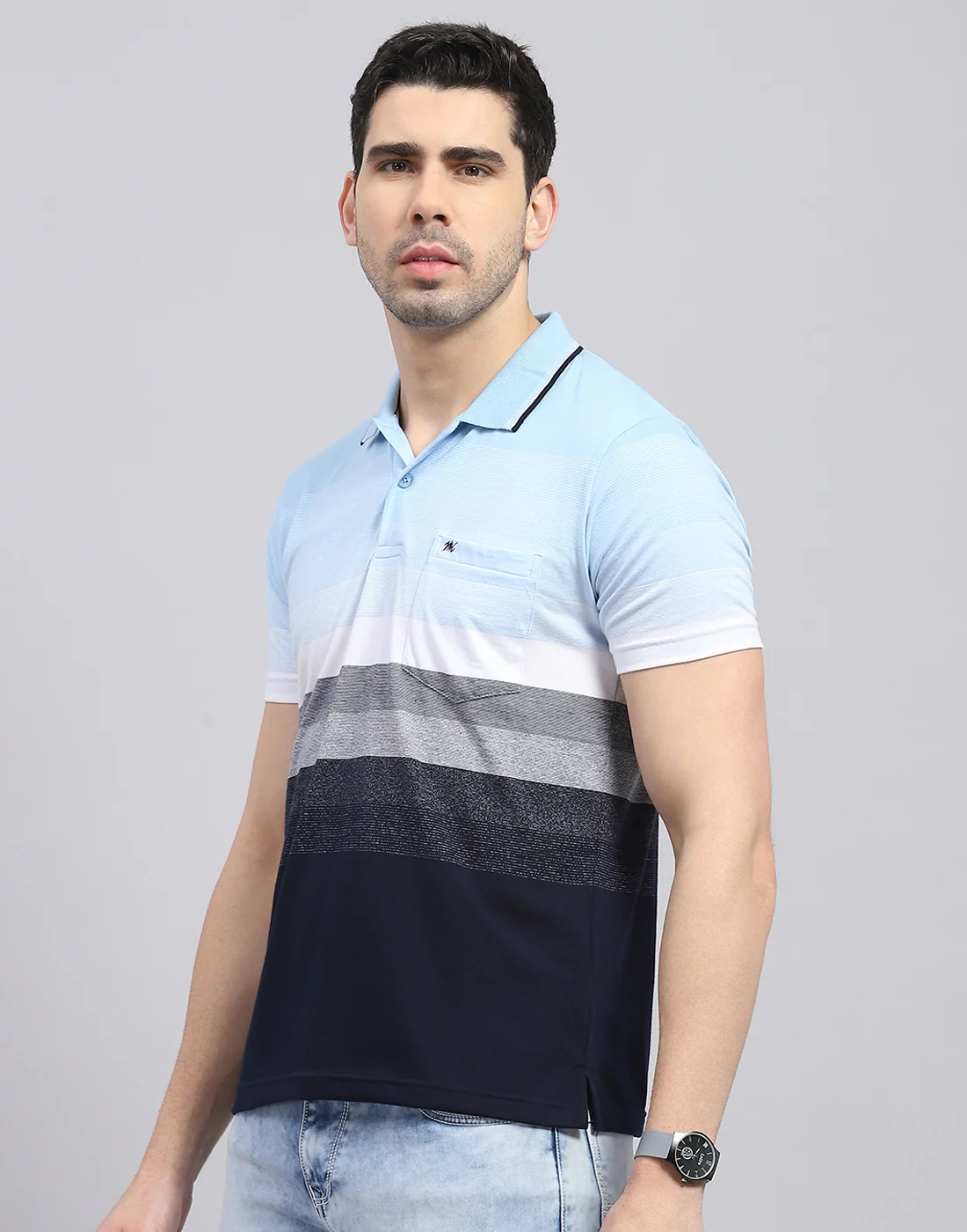 Men Blue Stripe Polo Collar Half Sleeve T-Shirt - Image 3