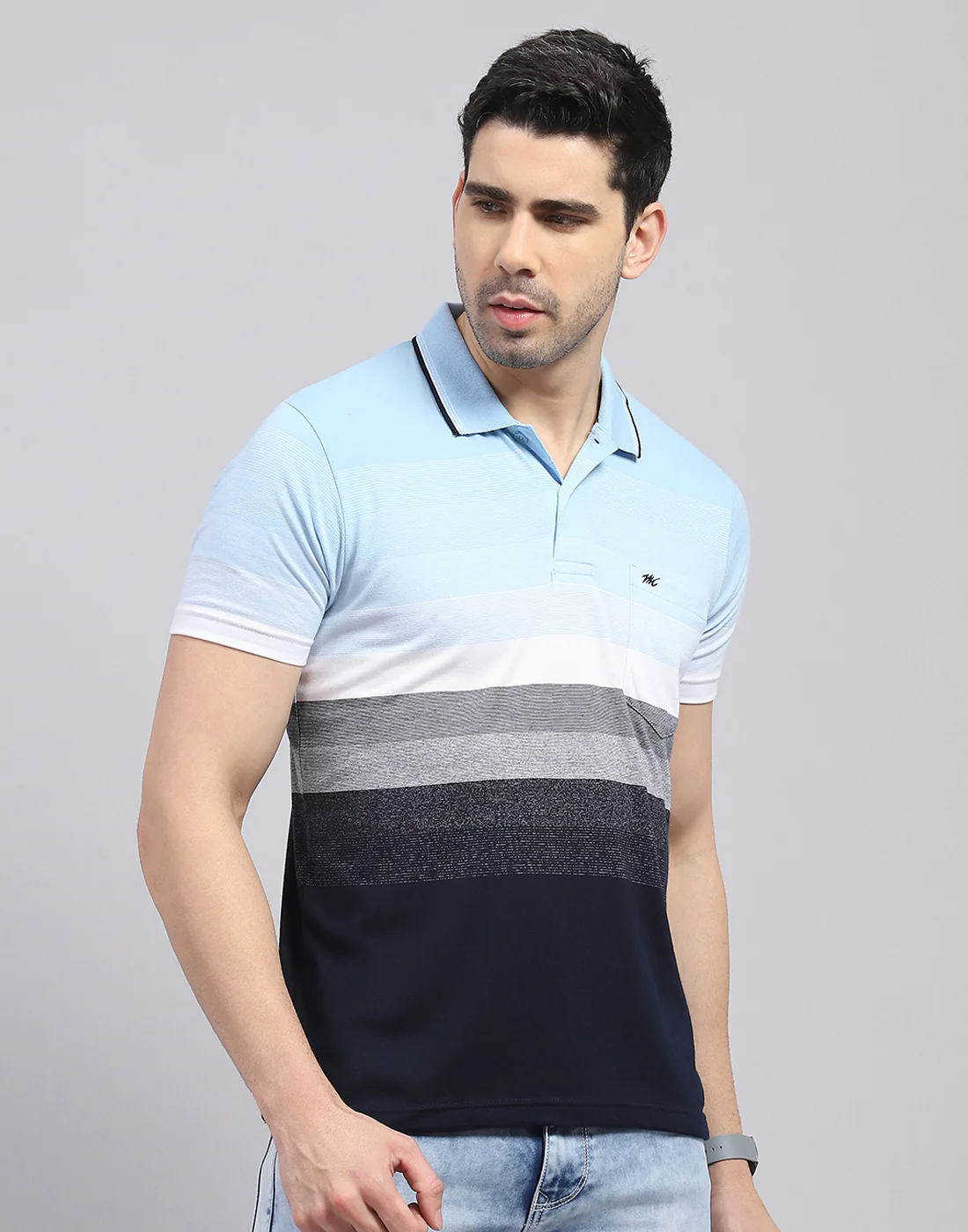 Men Blue Stripe Polo Collar Half Sleeve T-Shirt - Image 4