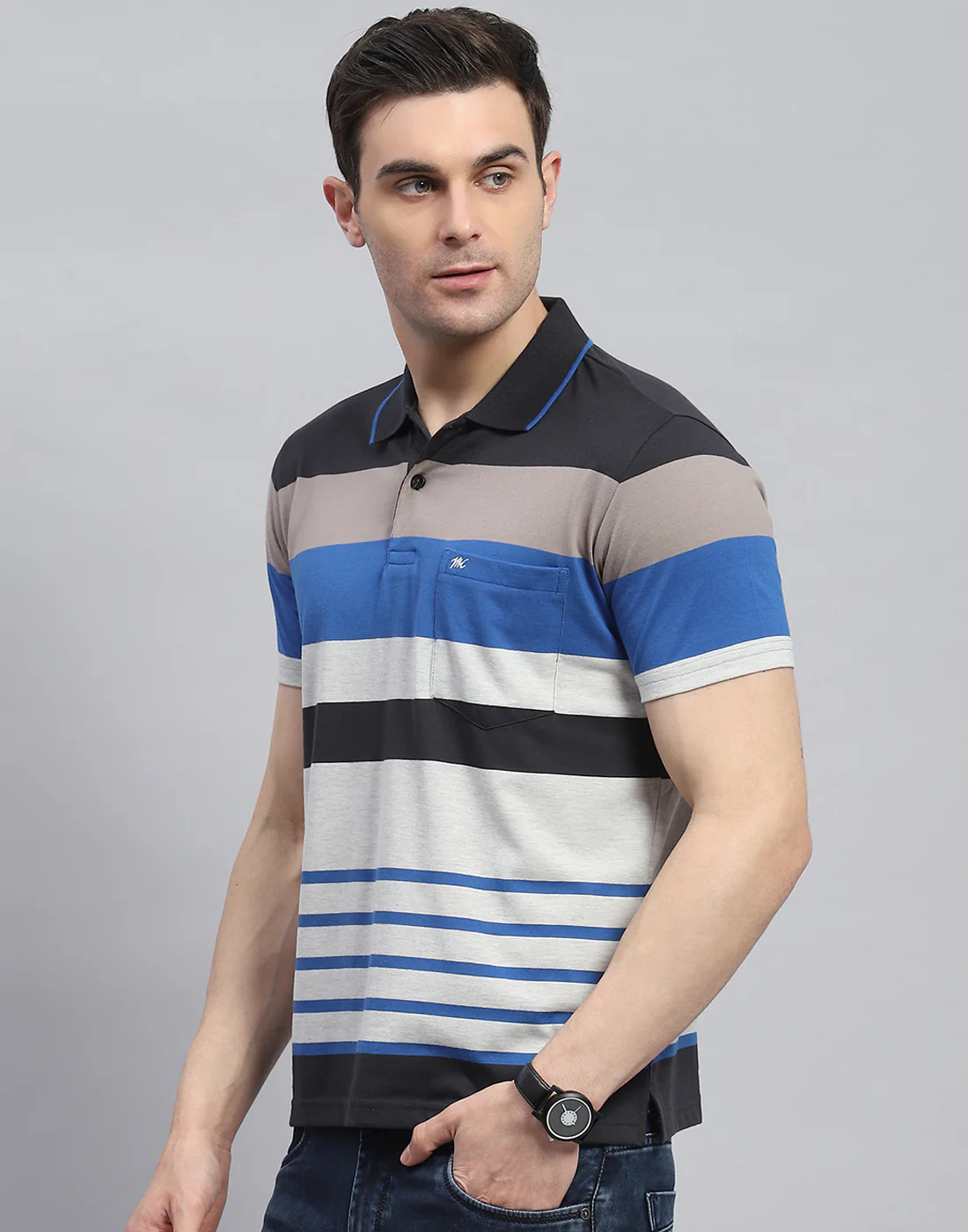 Men Blue Stripe Polo Collar Half Sleeve T-Shirt - Image 3