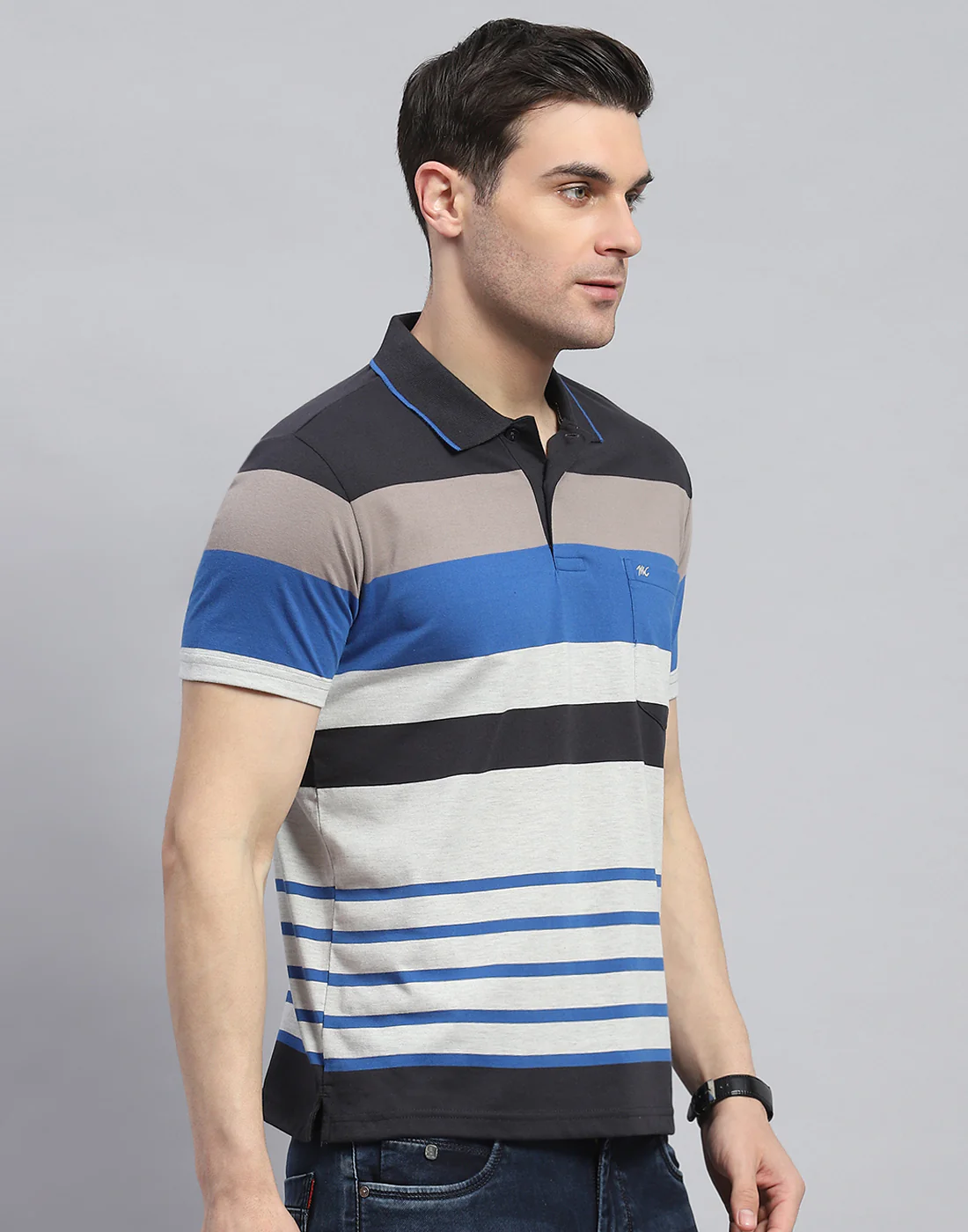 Men Blue Stripe Polo Collar Half Sleeve T-Shirt - Image 4