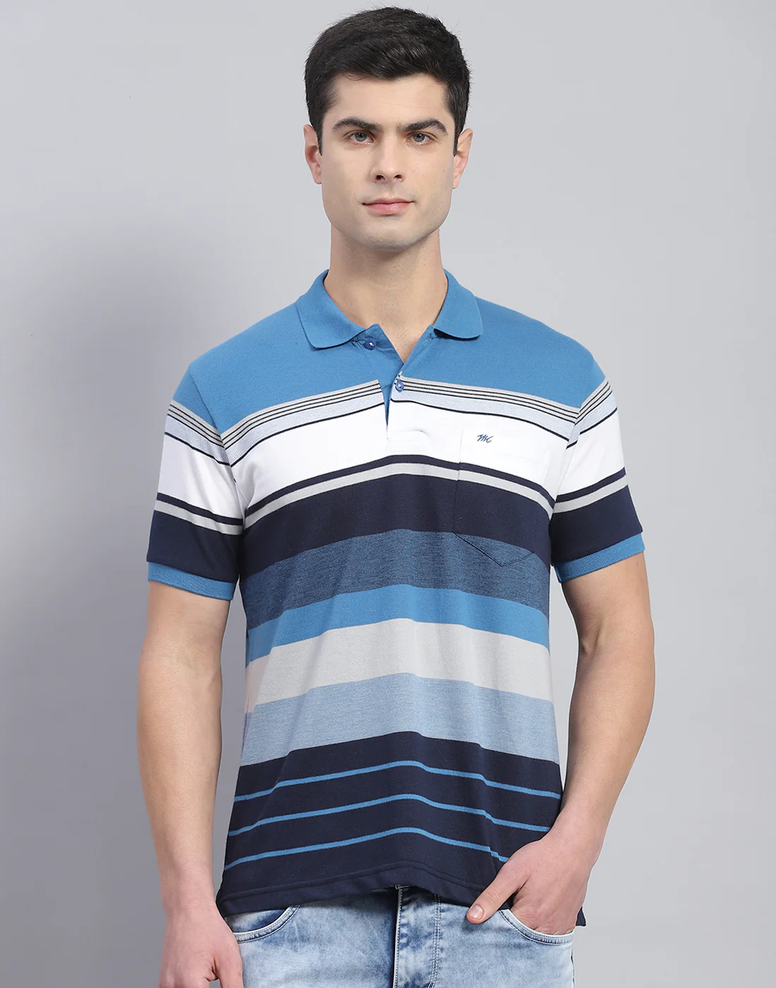Men Blue Stripe Polo Collar Half Sleeve T-Shirt - Image 3