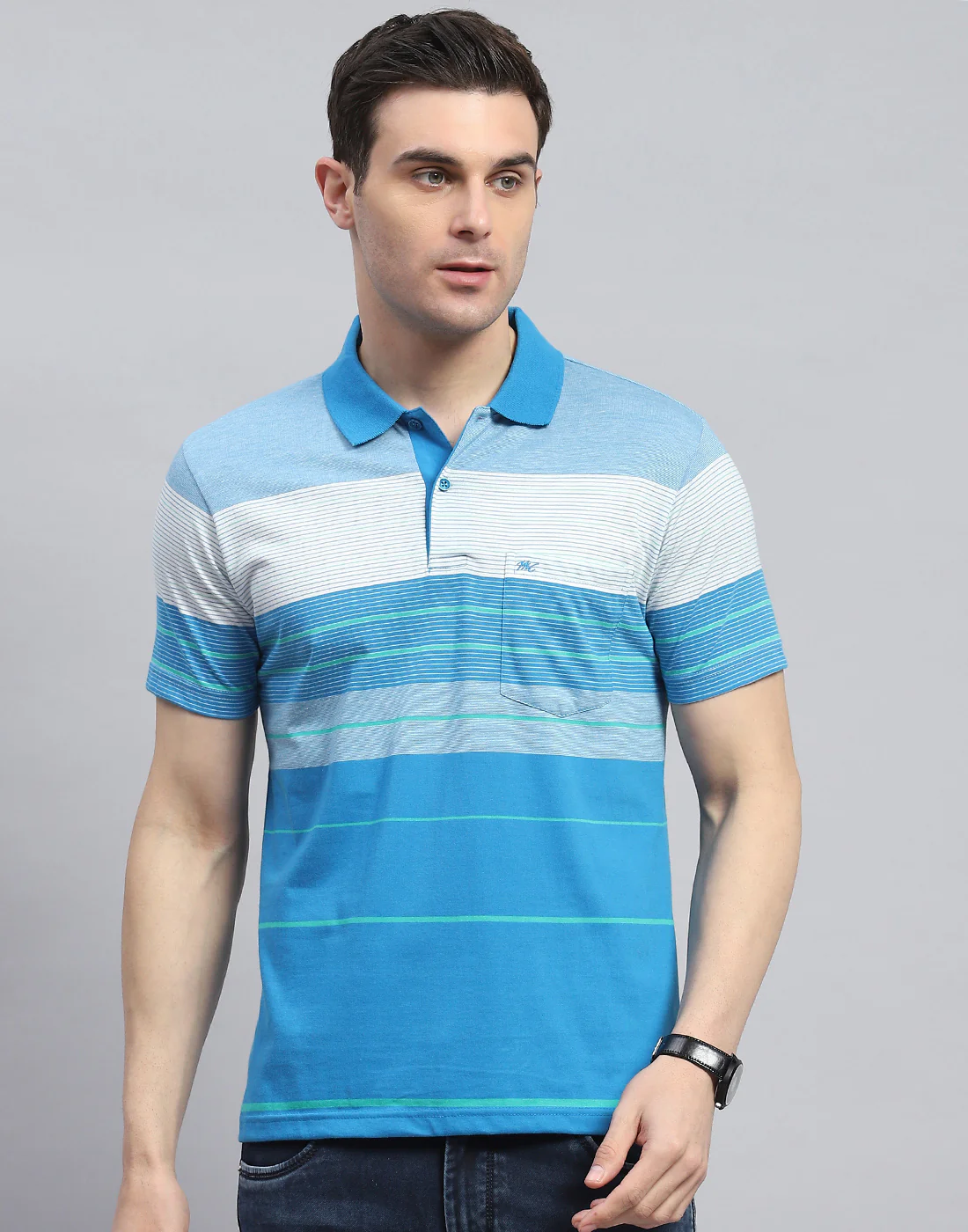 Men Blue Stripe Polo Collar Half Sleeve T-Shirt - Image 2