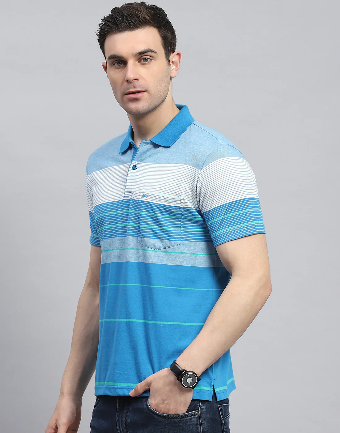 Men Blue Stripe Polo Collar Half Sleeve T-Shirt - Image 3