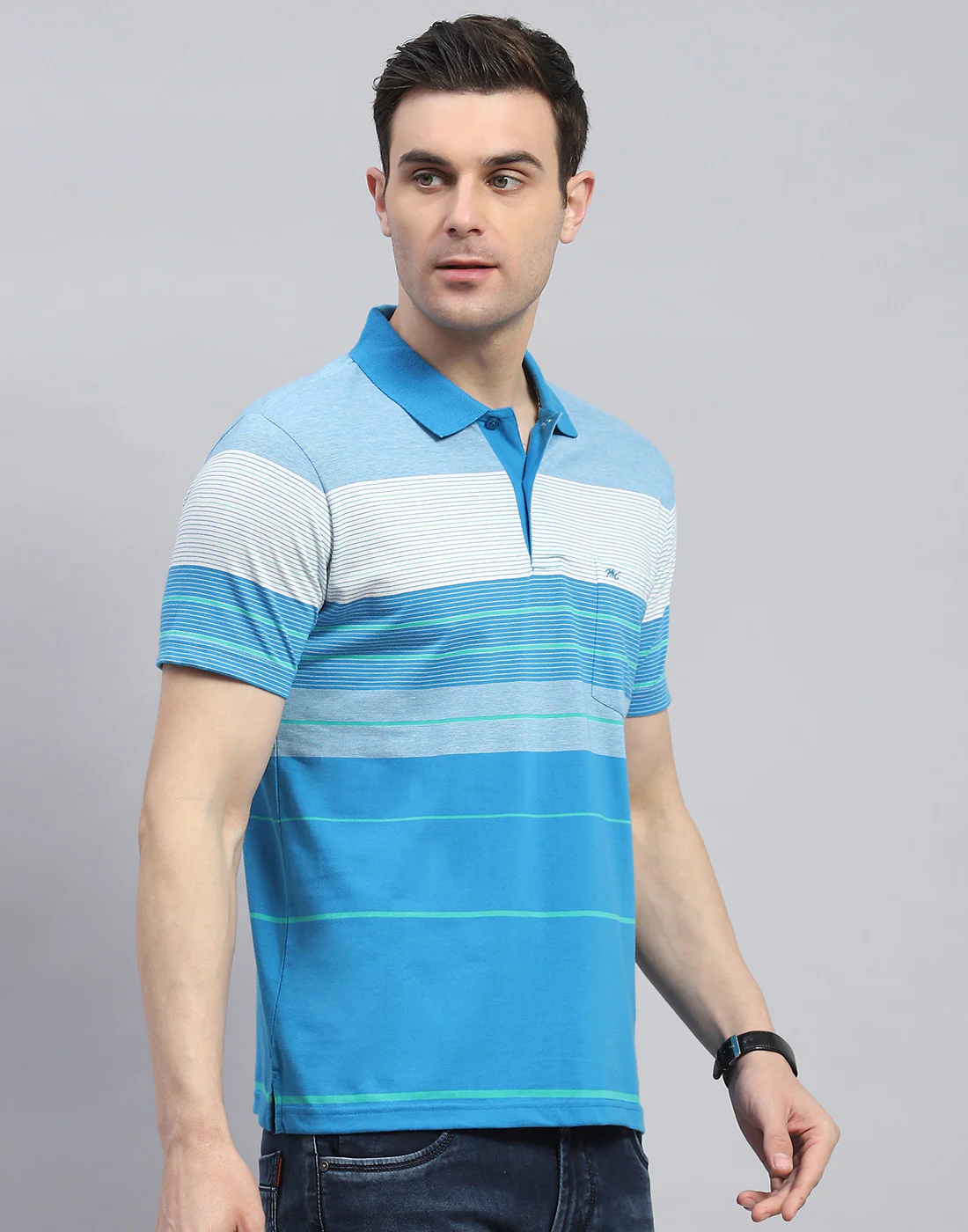 Men Blue Stripe Polo Collar Half Sleeve T-Shirt - Image 4