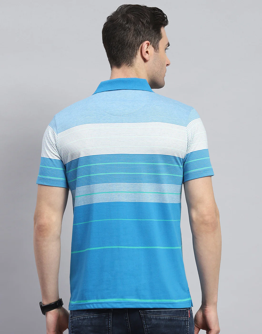 Men Blue Stripe Polo Collar Half Sleeve T-Shirt - Image 5