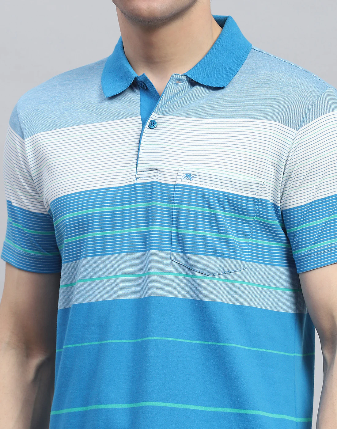 Men Blue Stripe Polo Collar Half Sleeve T-Shirt - Image 7
