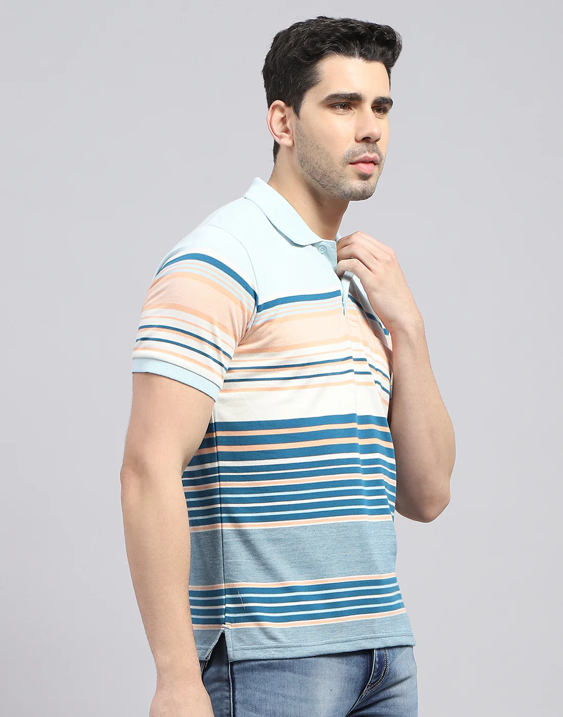 Men Blue Stripe Polo Collar Half Sleeve T-Shirt - Image 4