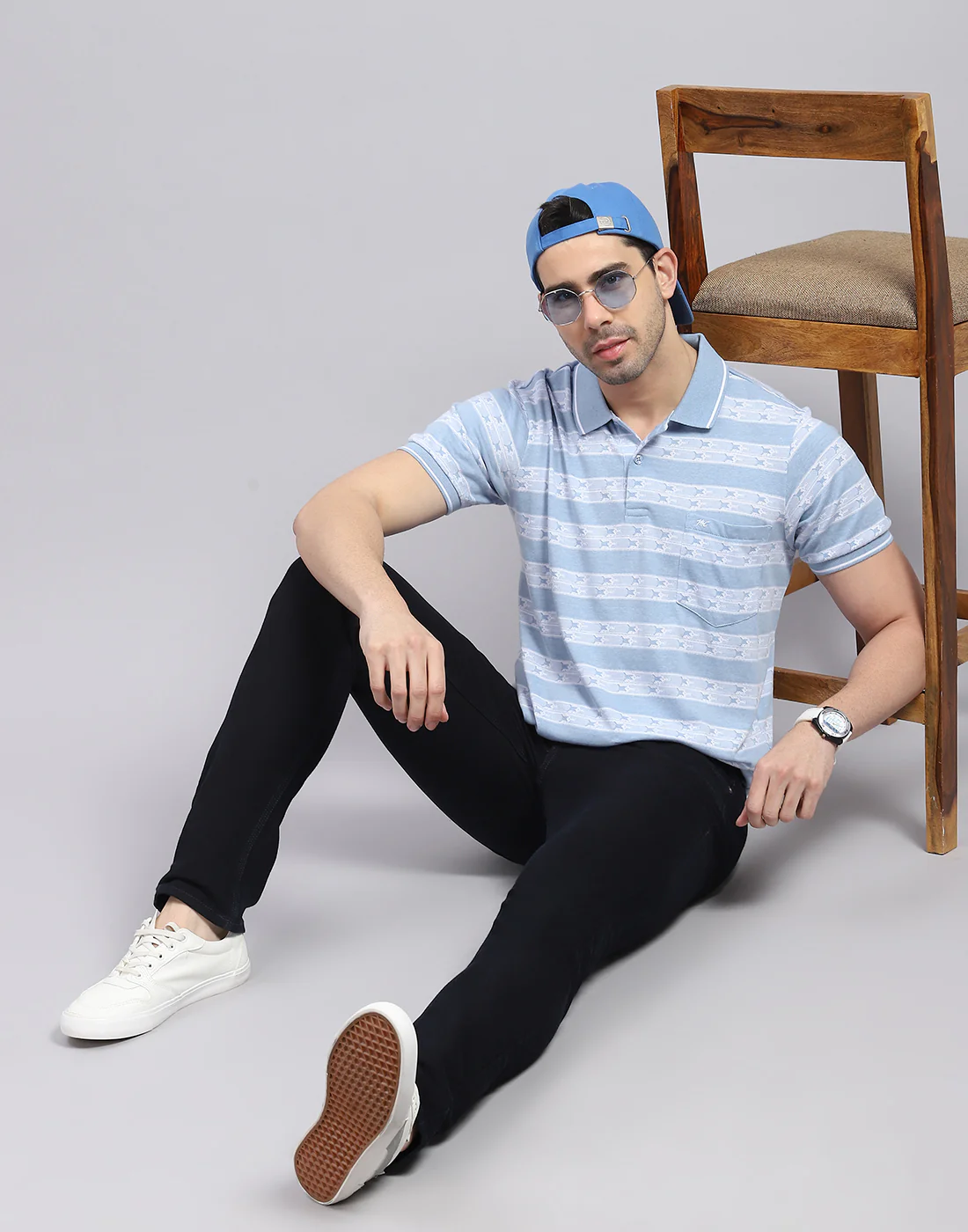 Men Blue Stripe Polo Collar Half Sleeve T-Shirt - Image 2