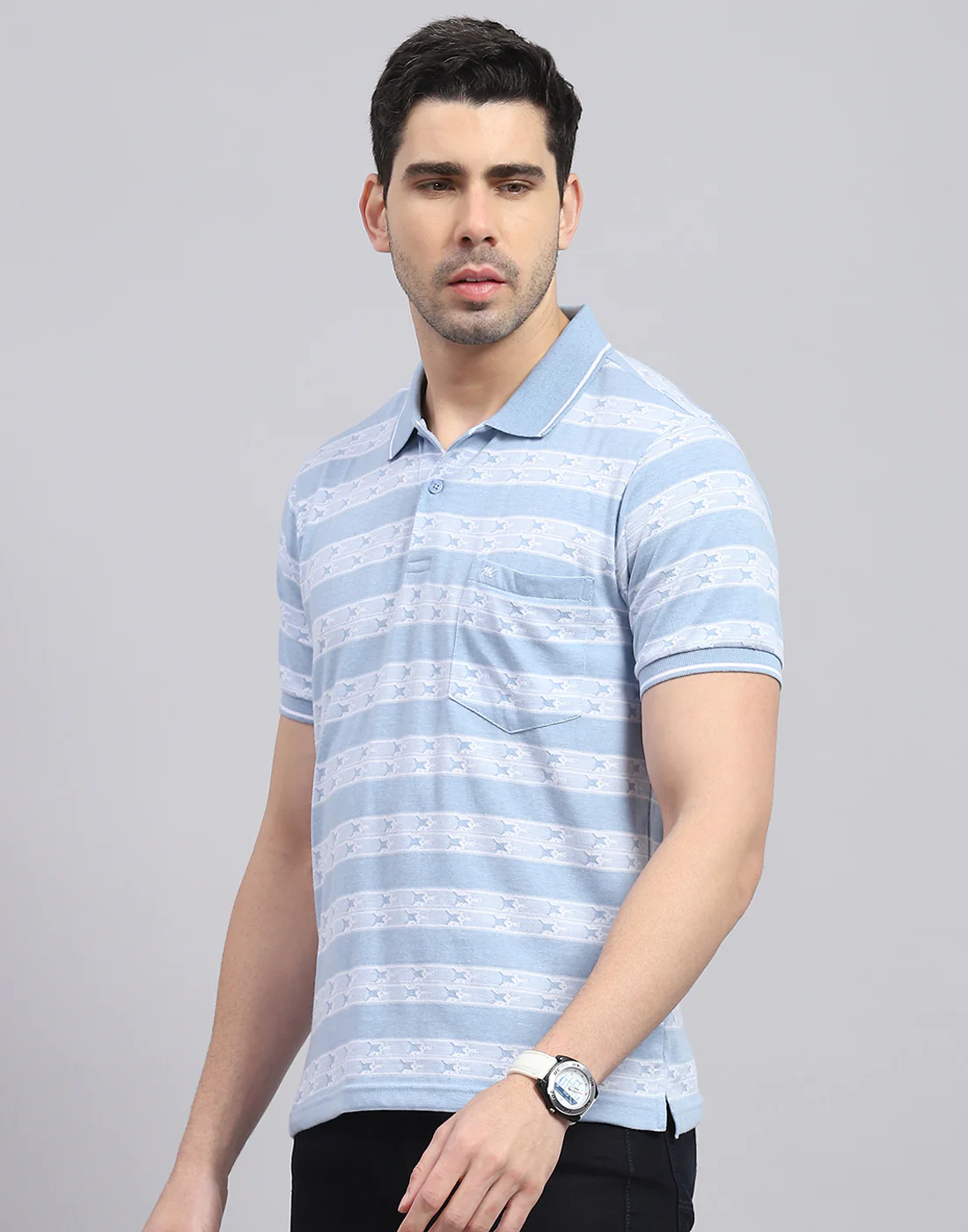 Men Blue Stripe Polo Collar Half Sleeve T-Shirt - Image 3