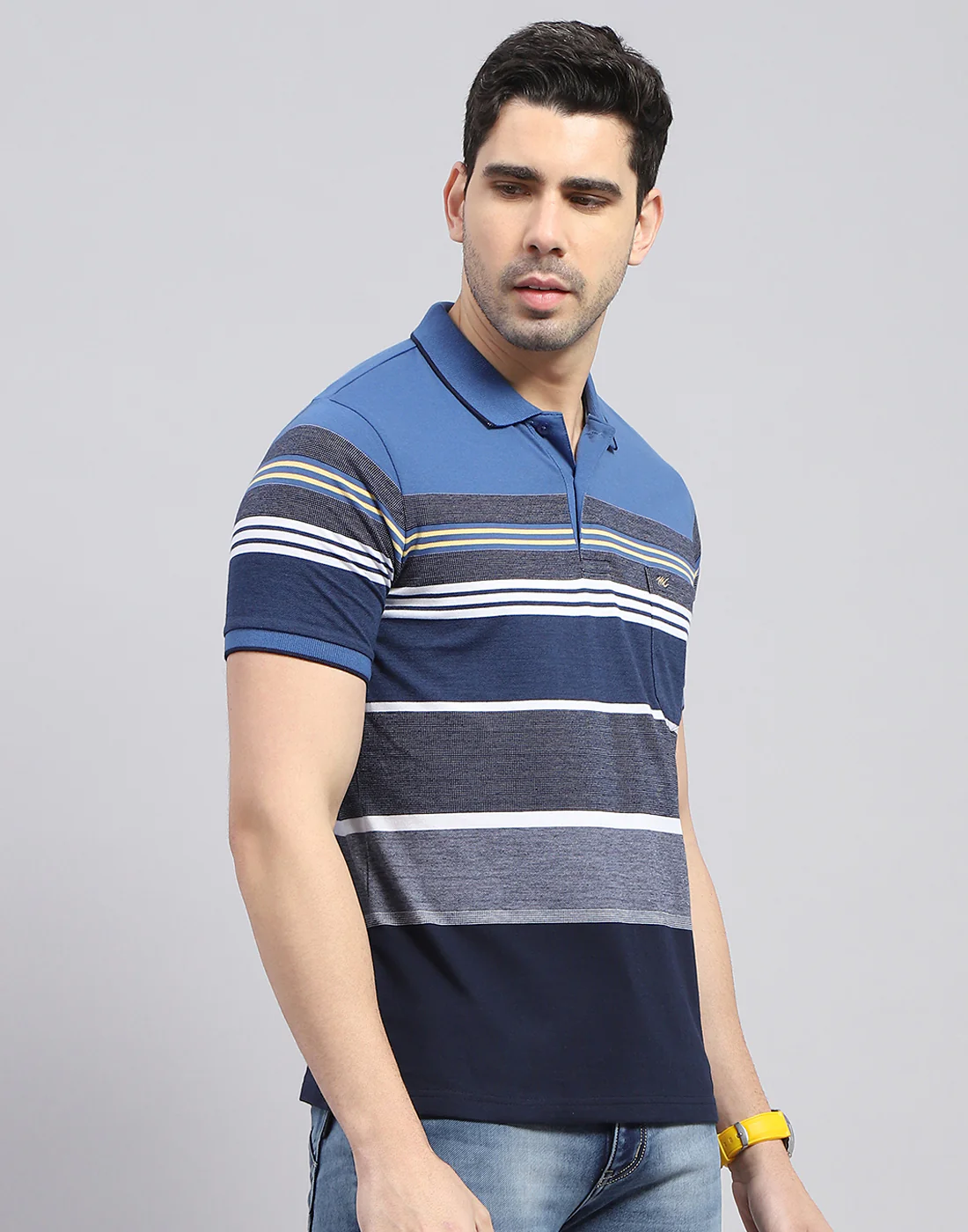 Men Blue Stripe Polo Collar Half Sleeve T-Shirt - Image 5