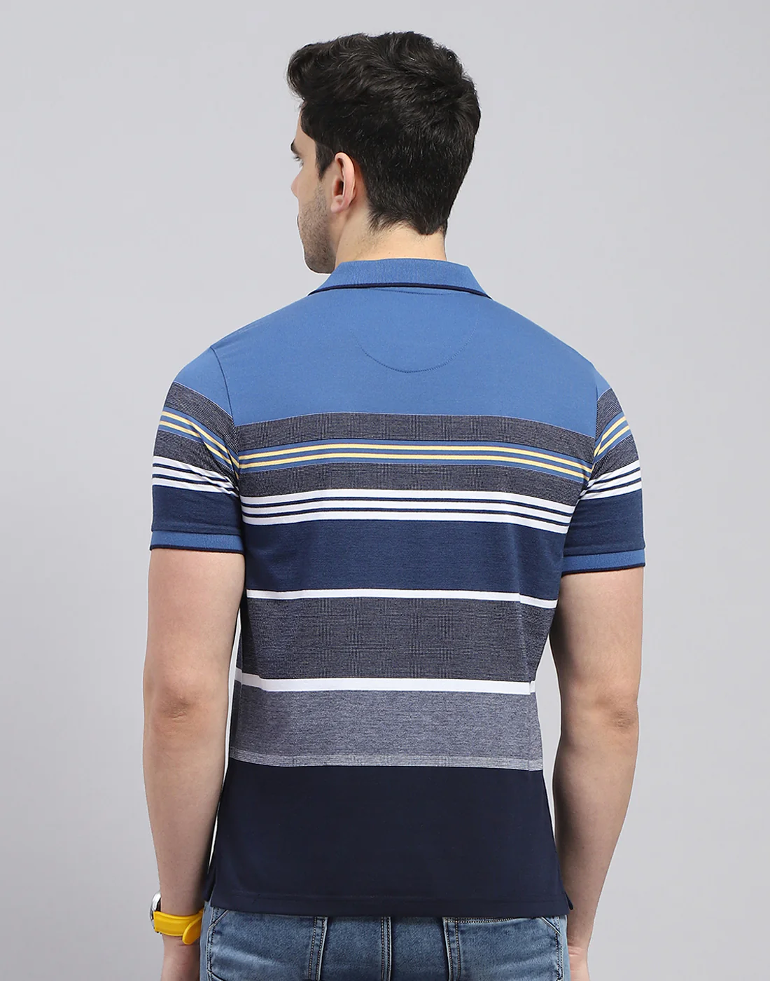 Men Blue Stripe Polo Collar Half Sleeve T-Shirt - Image 6