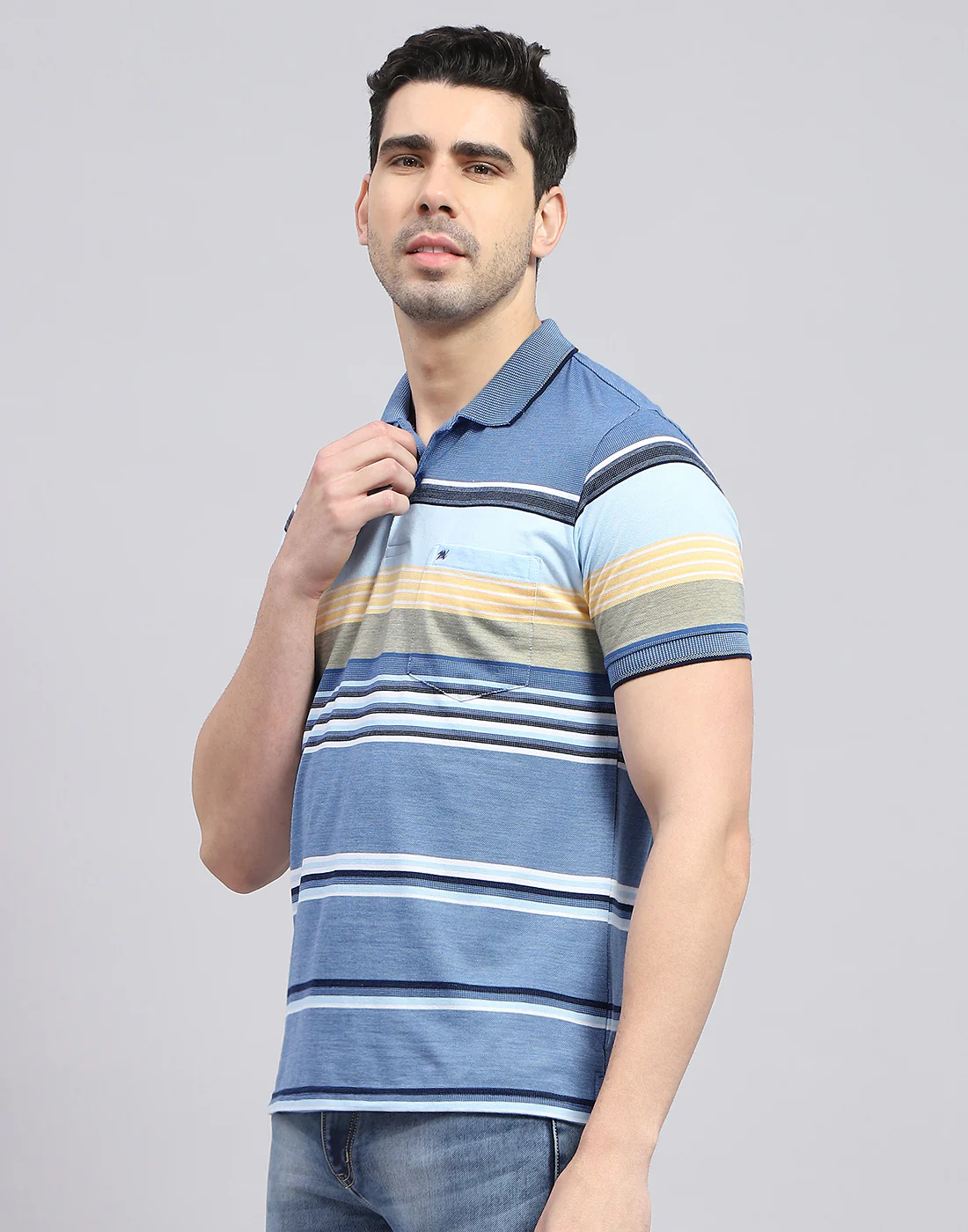 Men Blue Stripe Polo Collar Half Sleeve T-Shirt - Image 3