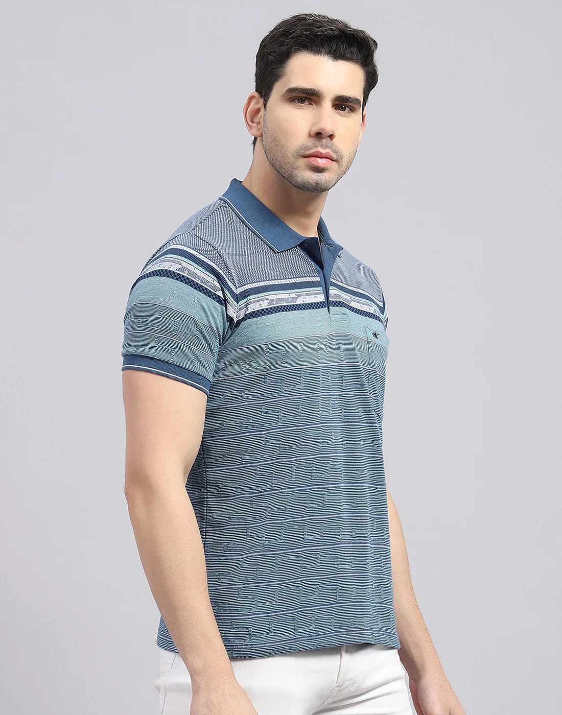 Men Blue Stripe Polo Collar Half Sleeve T-Shirt - Image 4