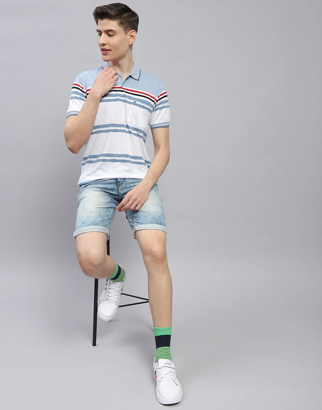 Men Blue Stripe Polo Collar Half Sleeve T-Shirt - Image 2