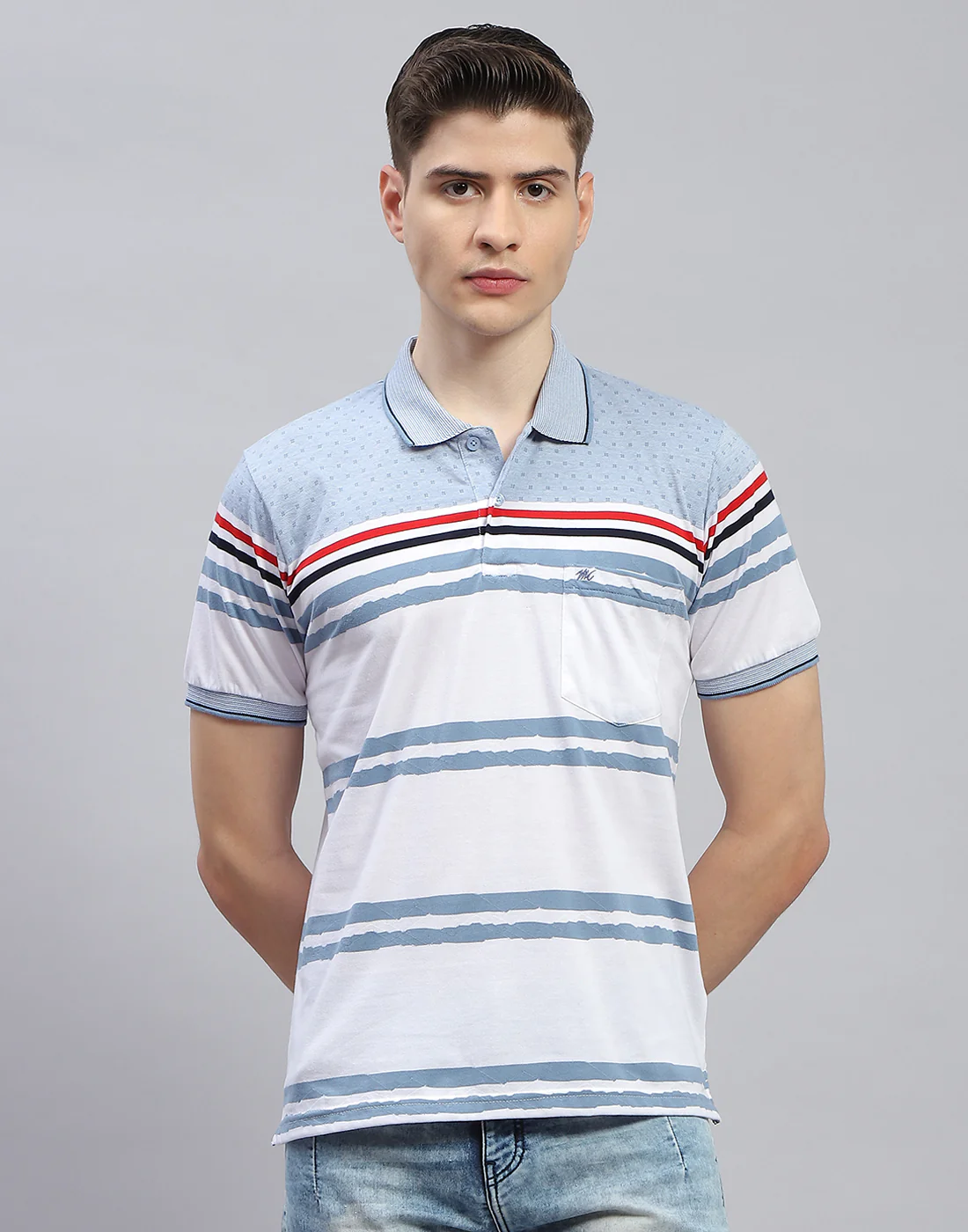 Men Blue Stripe Polo Collar Half Sleeve T-Shirt - Image 3