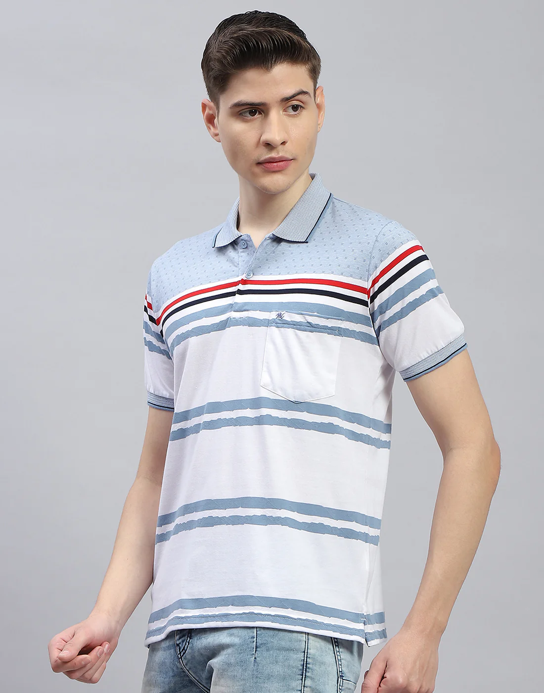 Men Blue Stripe Polo Collar Half Sleeve T-Shirt - Image 4