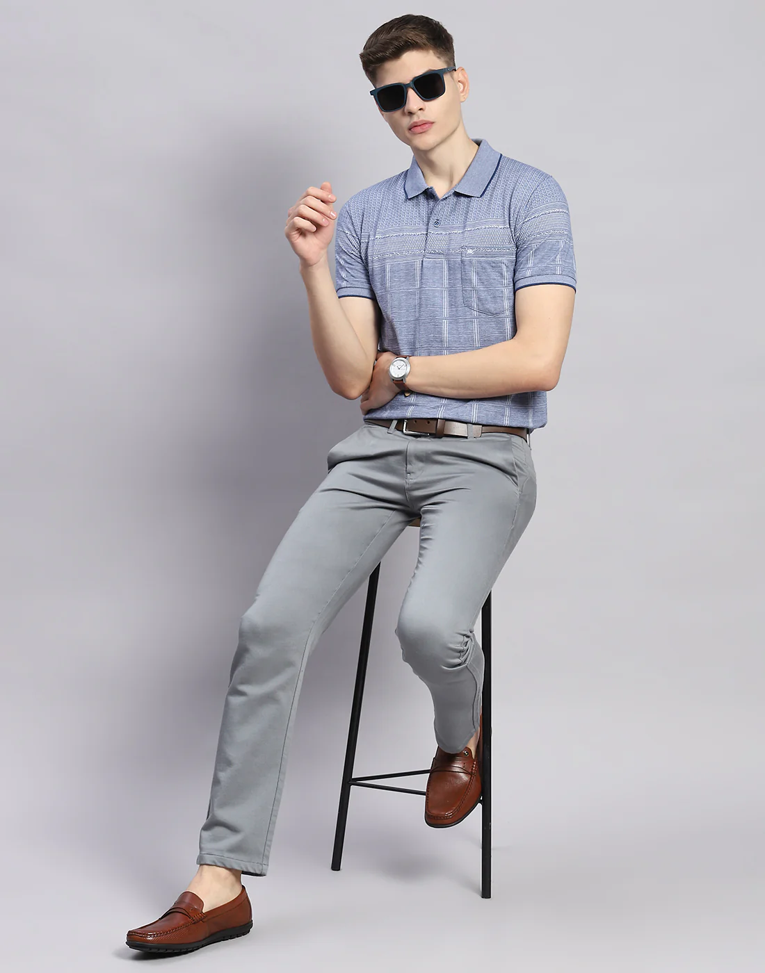 Men Blue Stripe Polo Collar Half Sleeve T-Shirt - Image 2