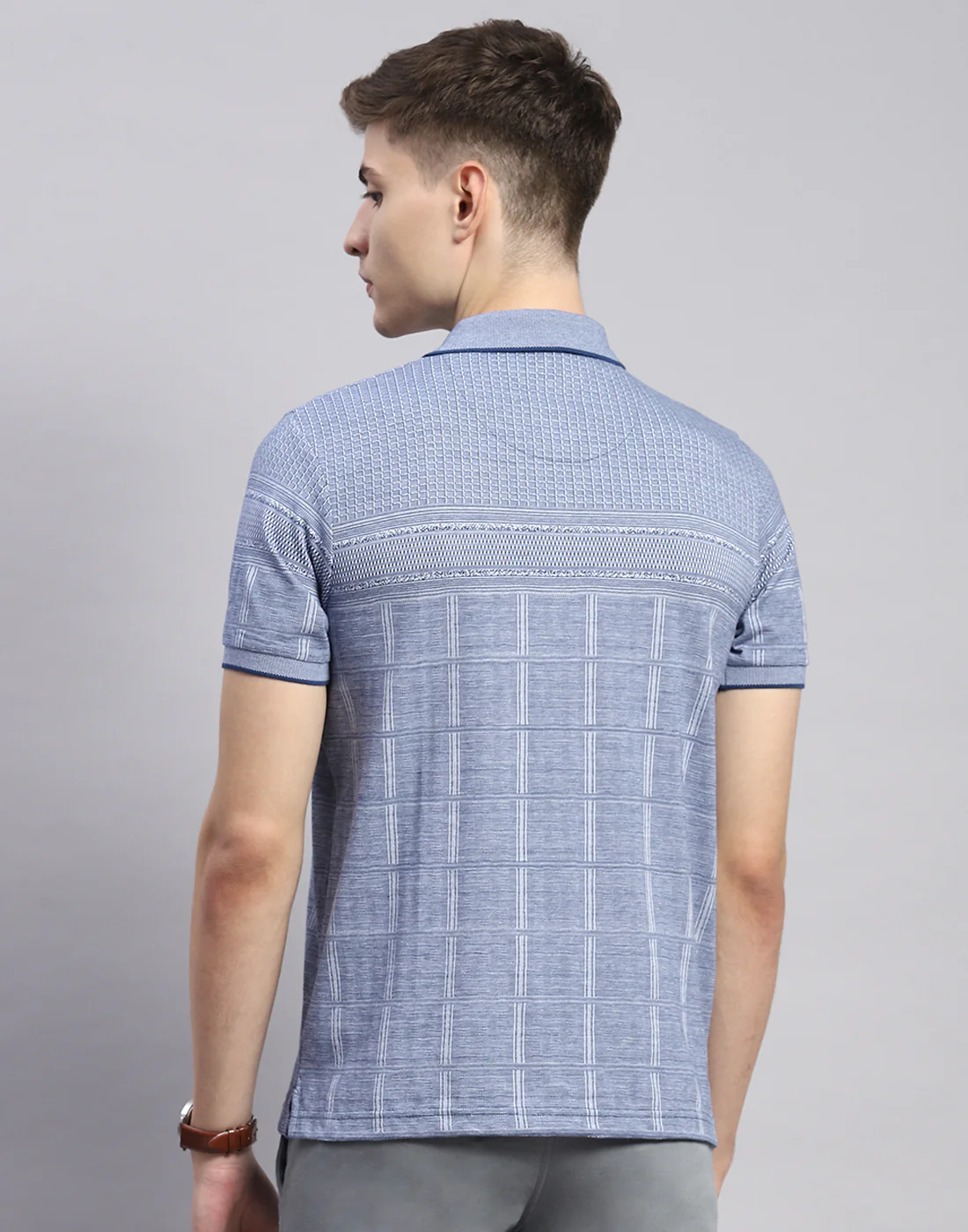 Men Blue Stripe Polo Collar Half Sleeve T-Shirt - Image 6