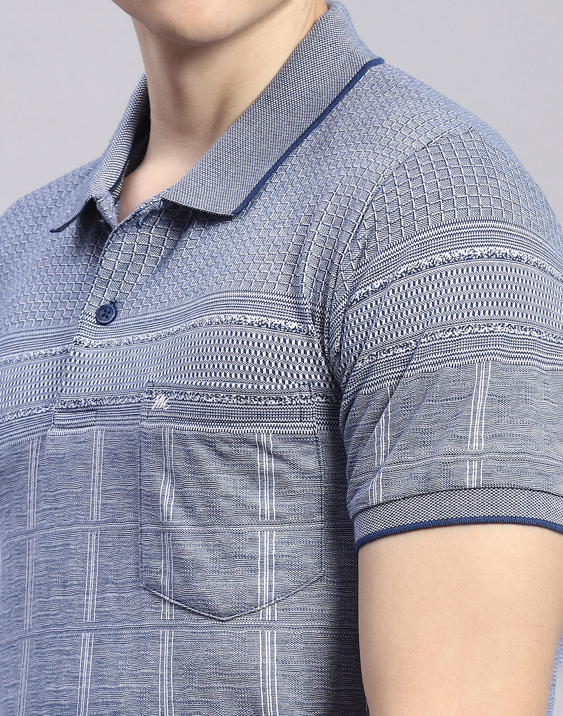 Men Blue Stripe Polo Collar Half Sleeve T-Shirt - Image 7