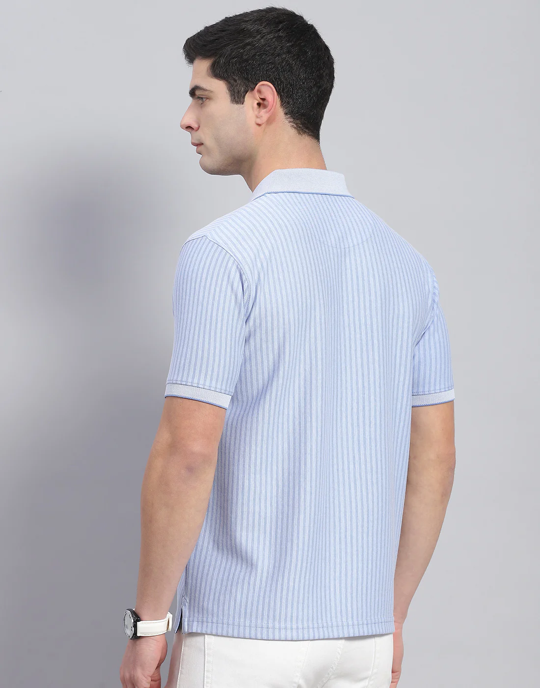 Men Blue Stripe Polo Collar Half Sleeve T-Shirt - Image 5