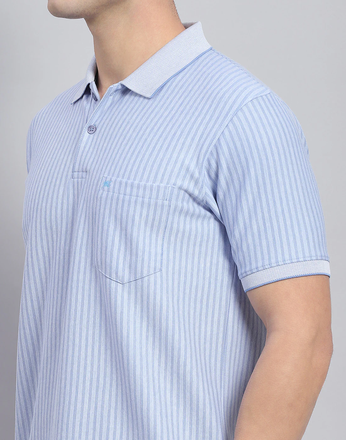 Men Blue Stripe Polo Collar Half Sleeve T-Shirt - Image 6