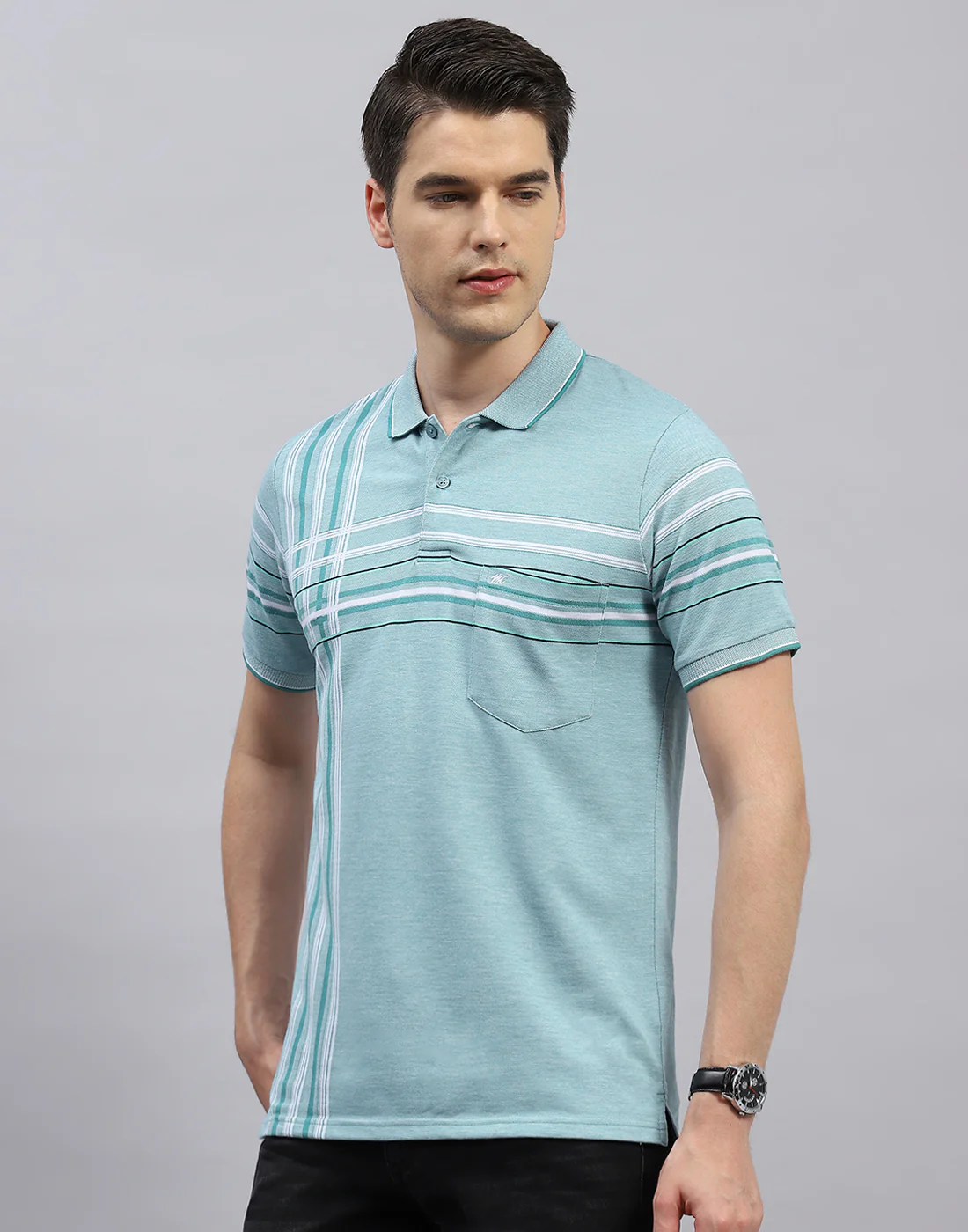 Men Blue Stripe Polo Collar Half Sleeve T-Shirt - Image 3