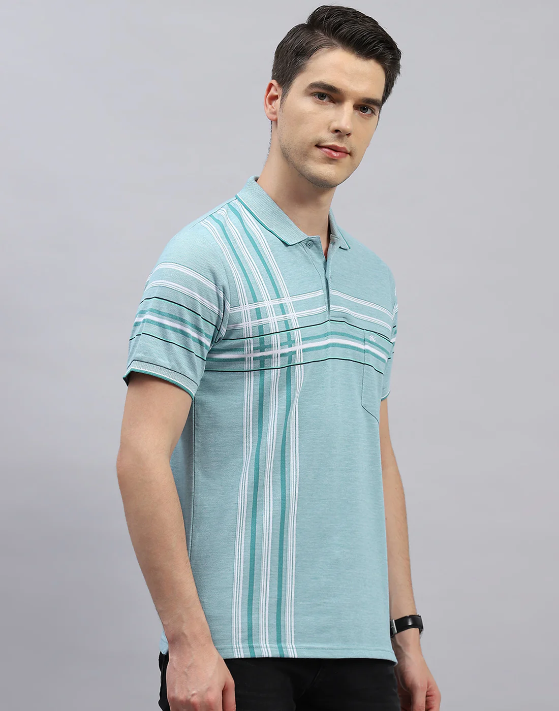 Men Blue Stripe Polo Collar Half Sleeve T-Shirt - Image 4