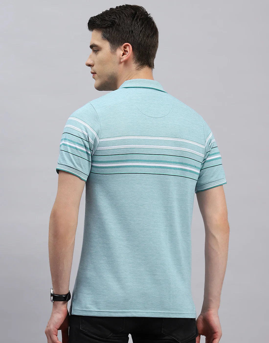 Men Blue Stripe Polo Collar Half Sleeve T-Shirt - Image 5