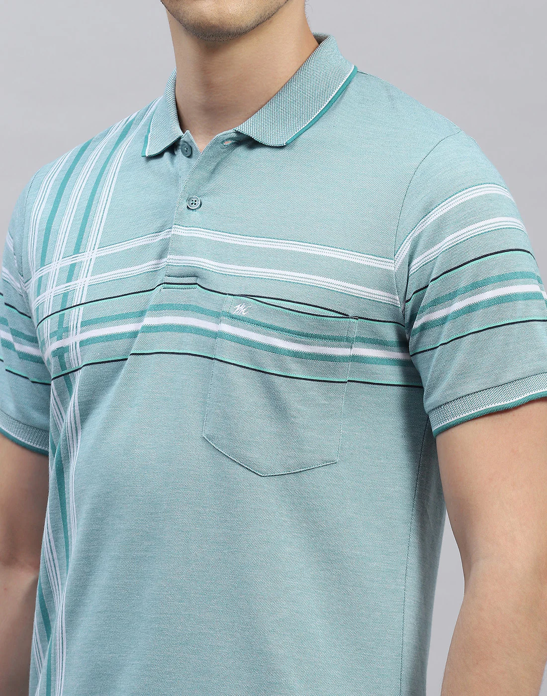 Men Blue Stripe Polo Collar Half Sleeve T-Shirt - Image 6