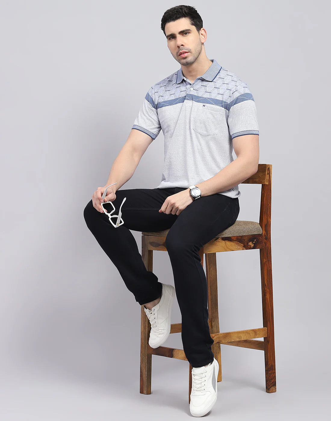 Men Blue Stripe Polo Collar Half Sleeve T-Shirt - Image 2